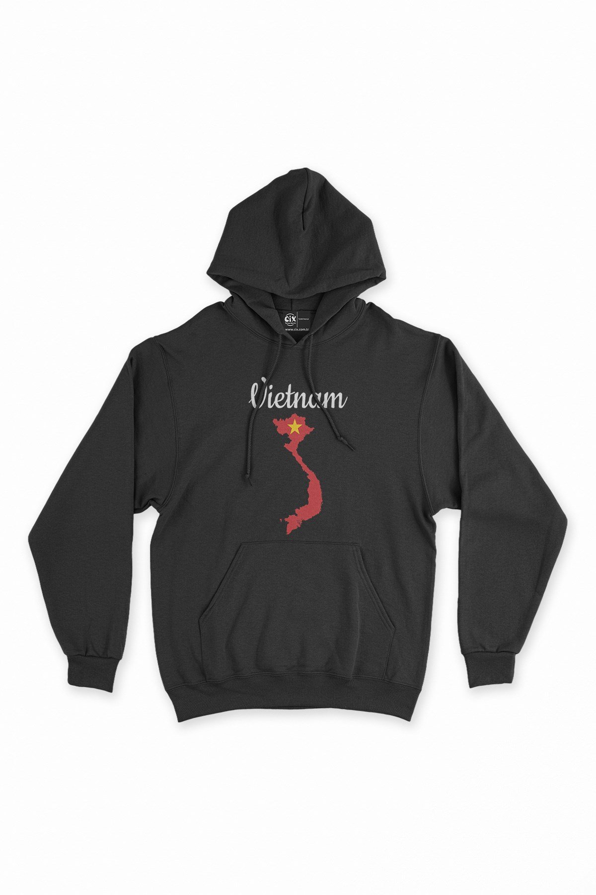 Vietnam Haritalı ve Bayraklı Siyah Kapşonlu Sweatshirt Hoodie