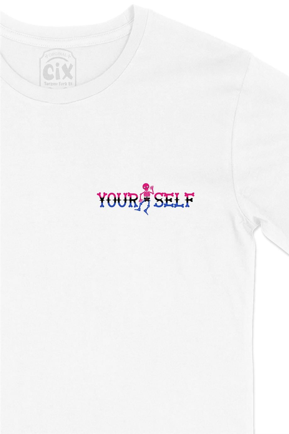 Yourself İskeletli Cep Tasarım Baskılı Beyaz Tişört