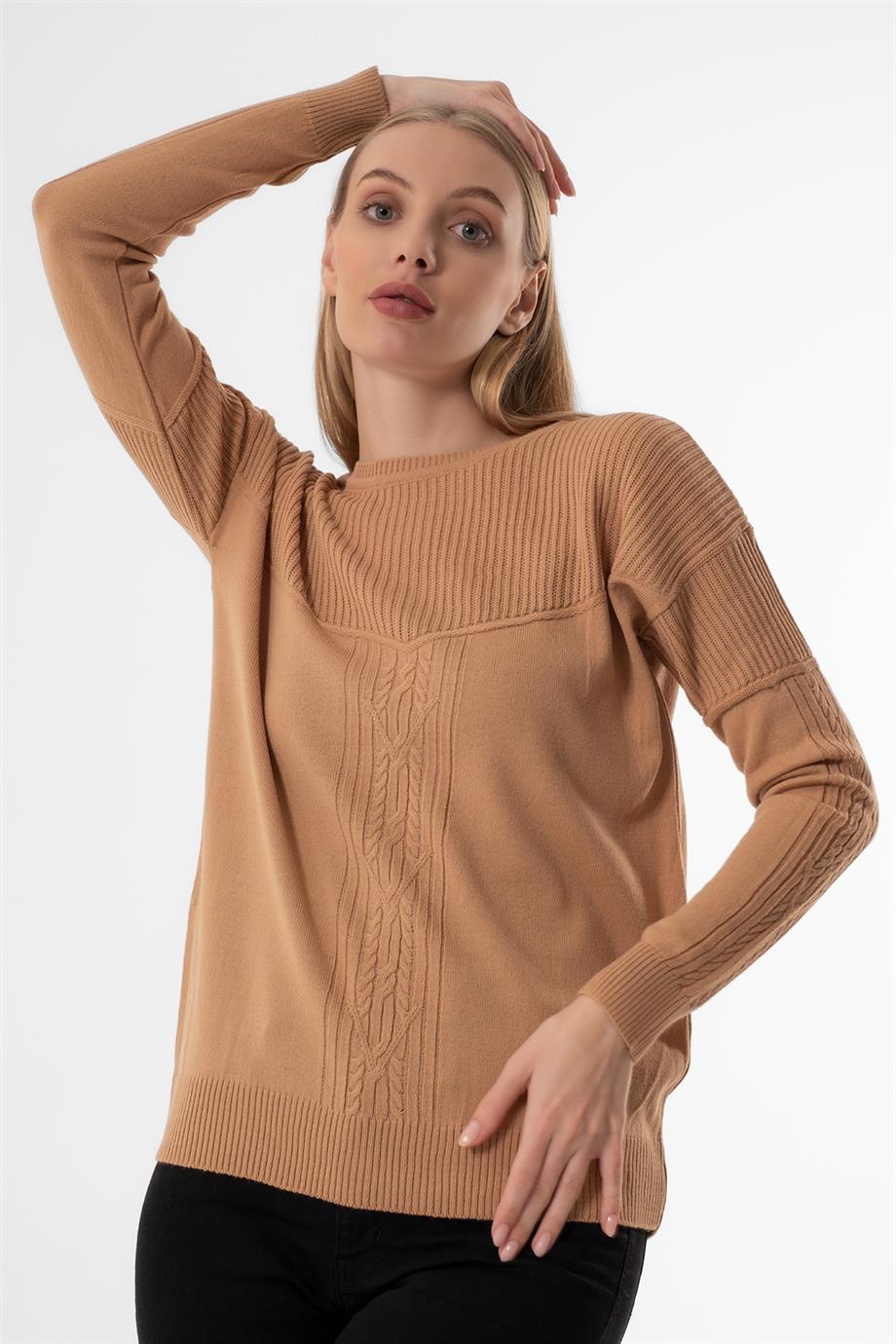 SIFIR YAKA T KOL KARAMEL BASİC BAYAN KAZAK 