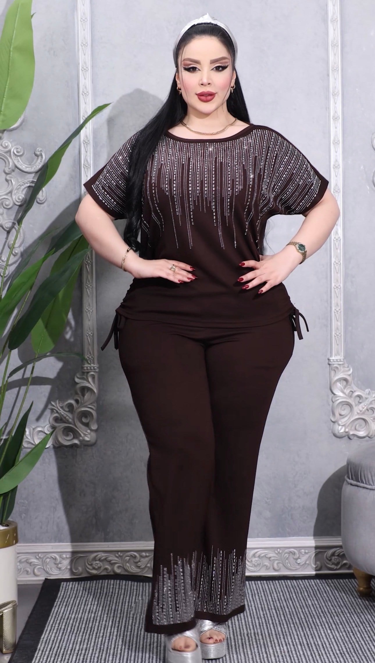 Akmalı Modal Kumaş Crystal Taşlı Takım - KAHVE