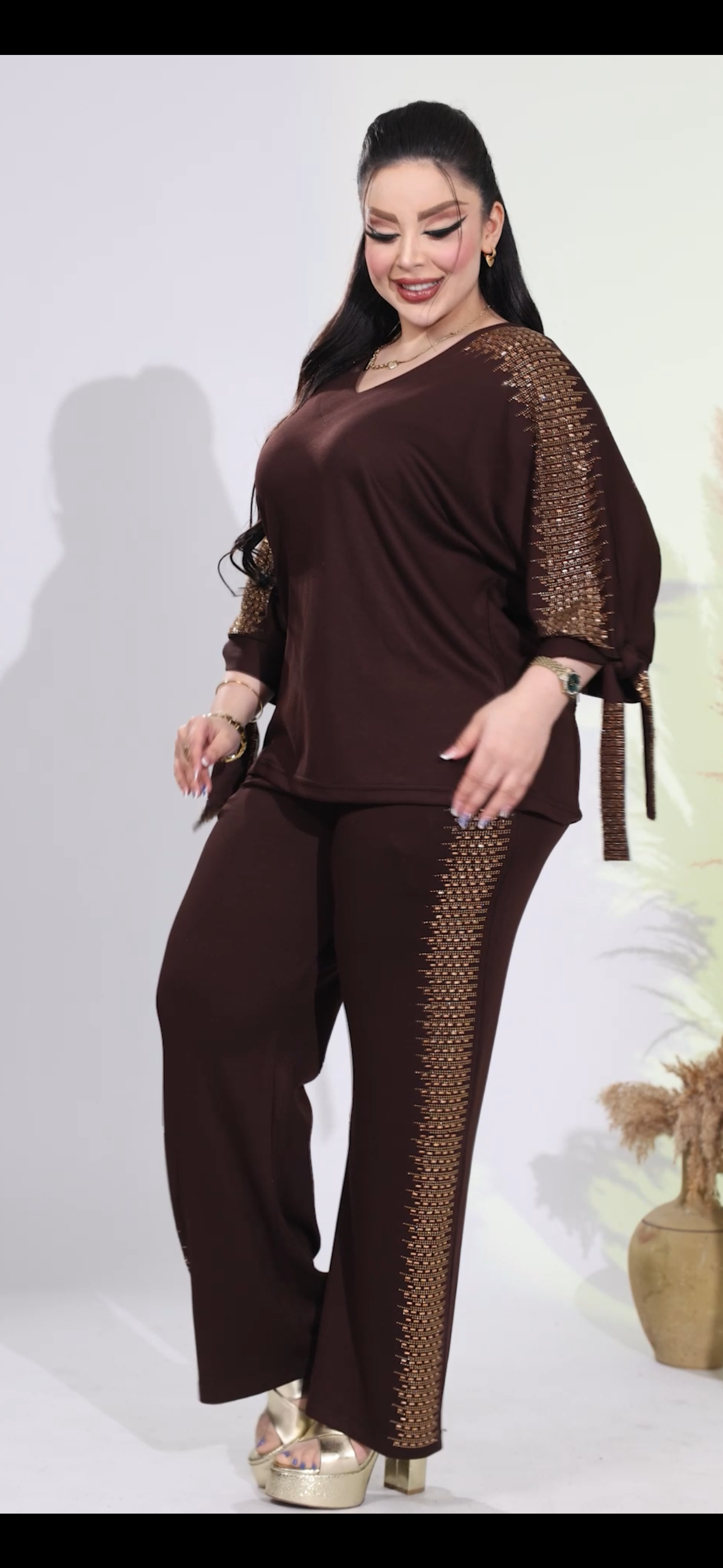 Bagetli Crystal Taşlı İkili Takım - KAHVE