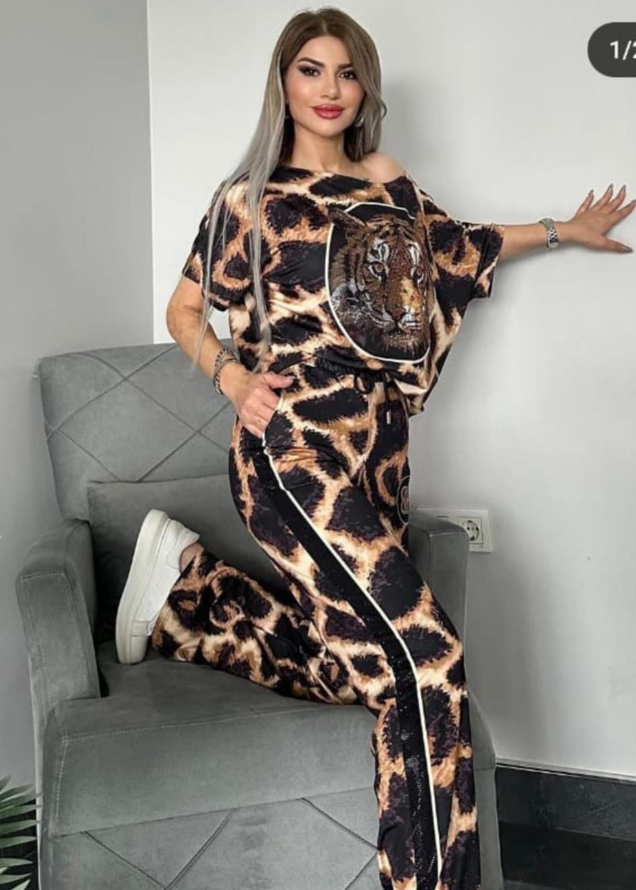 Benek Leopar Crystal Taşlı Eşofman Takımı - KAHVE