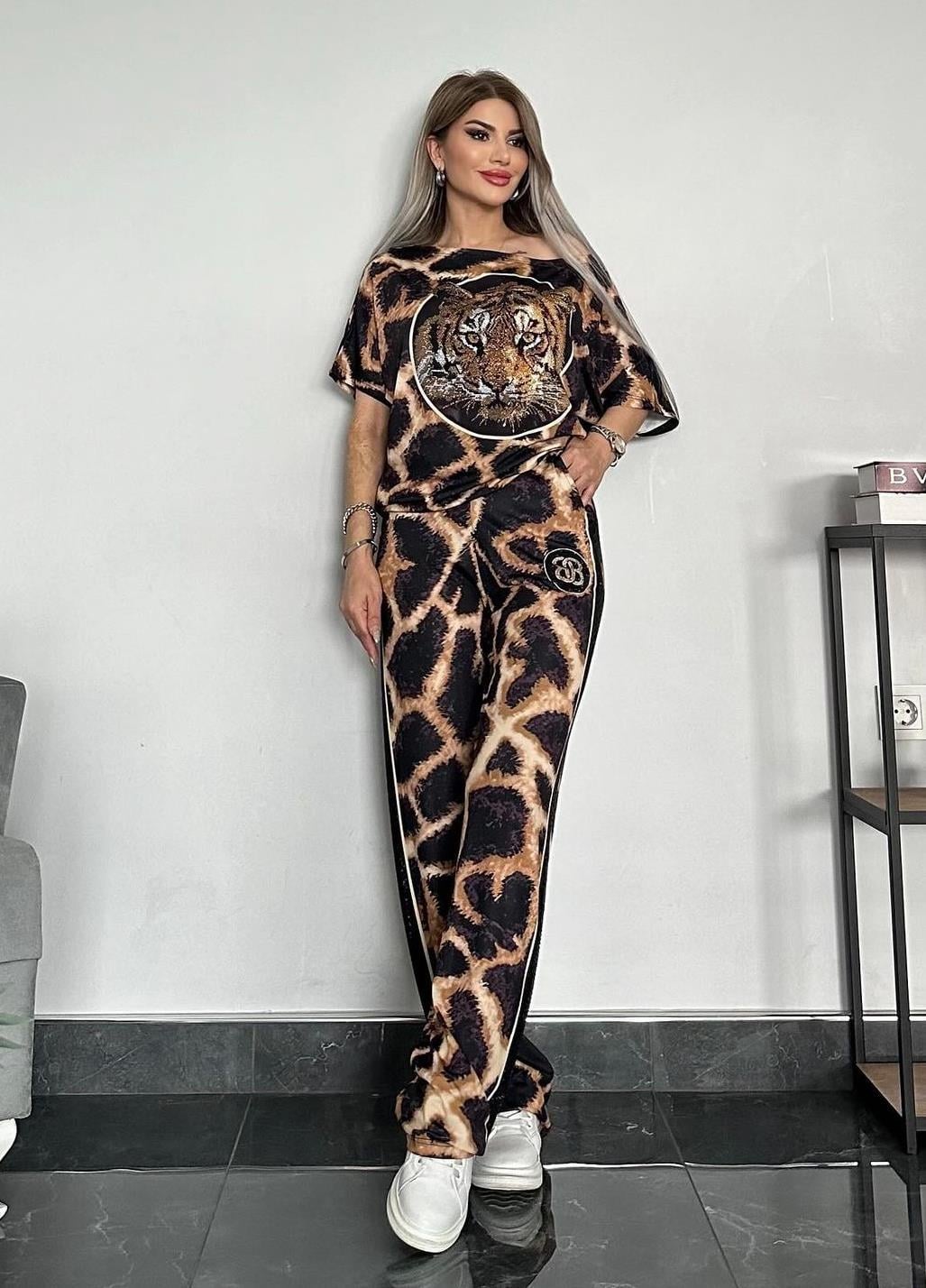 Benek Leopar Crystal Taşlı Eşofman Takımı - KAHVE