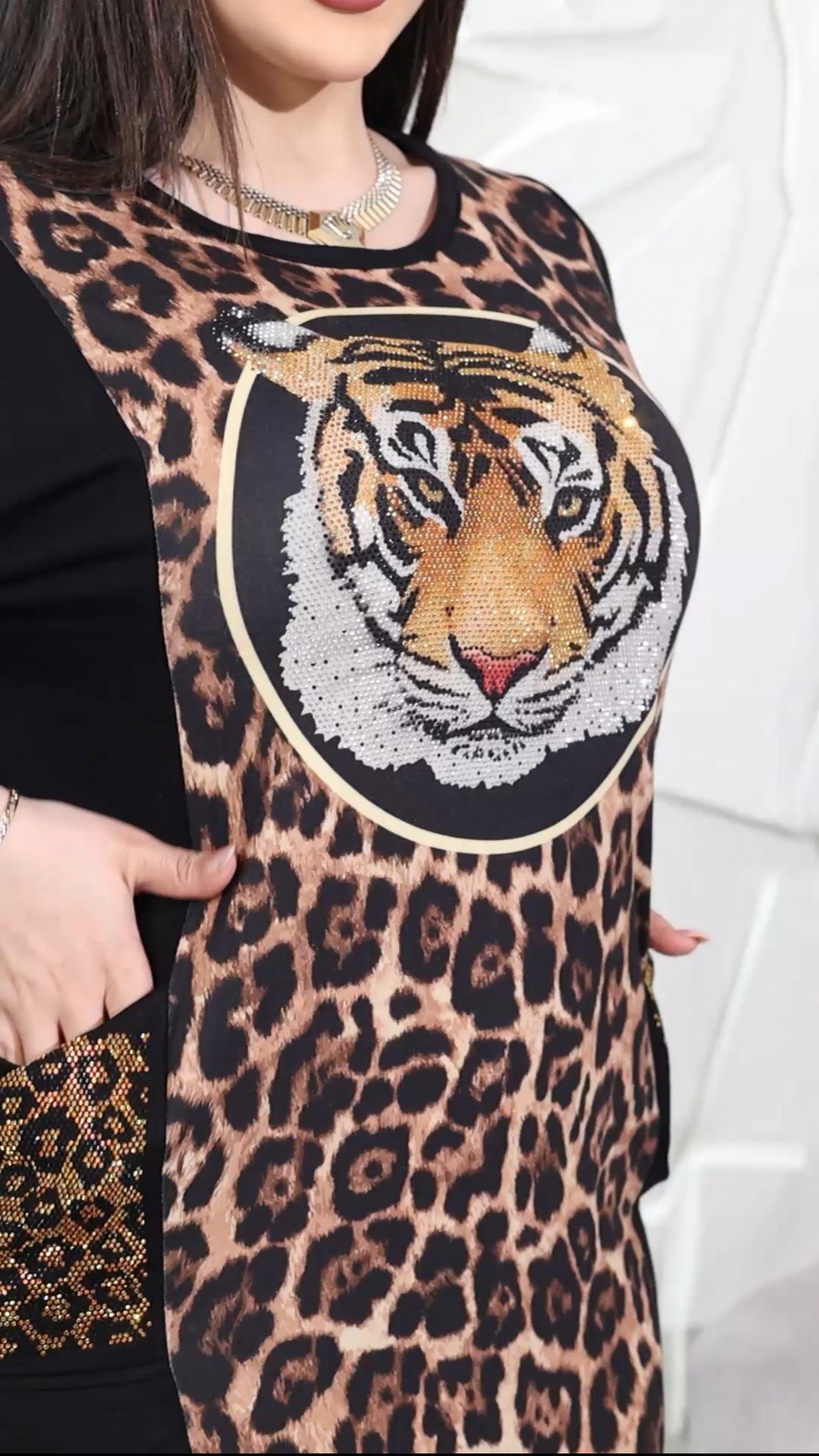 Benekli Leopar Crystal Taşlı Uzun Elbise - SİYAH