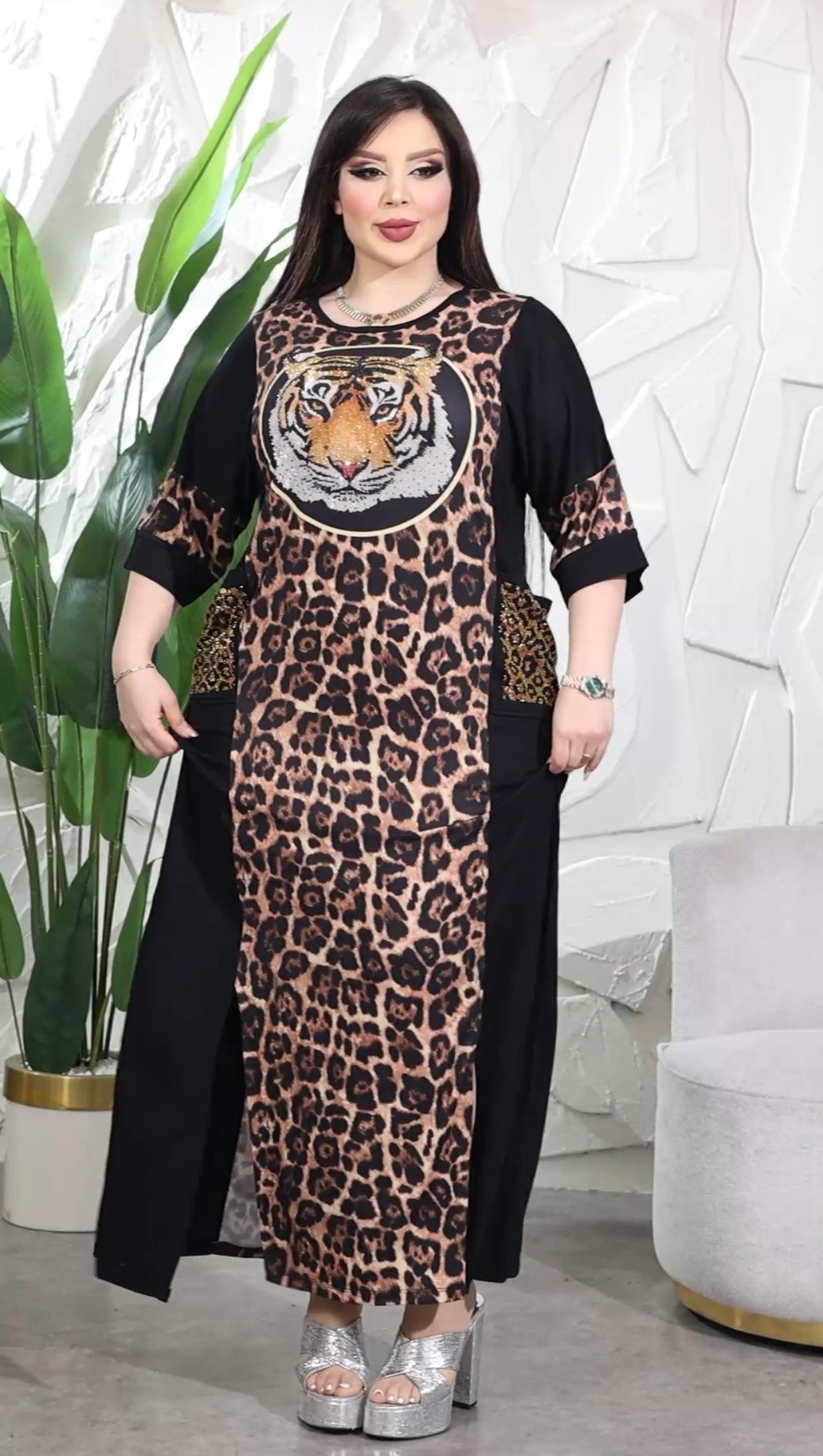 Benekli Leopar Crystal Taşlı Uzun Elbise - SİYAH