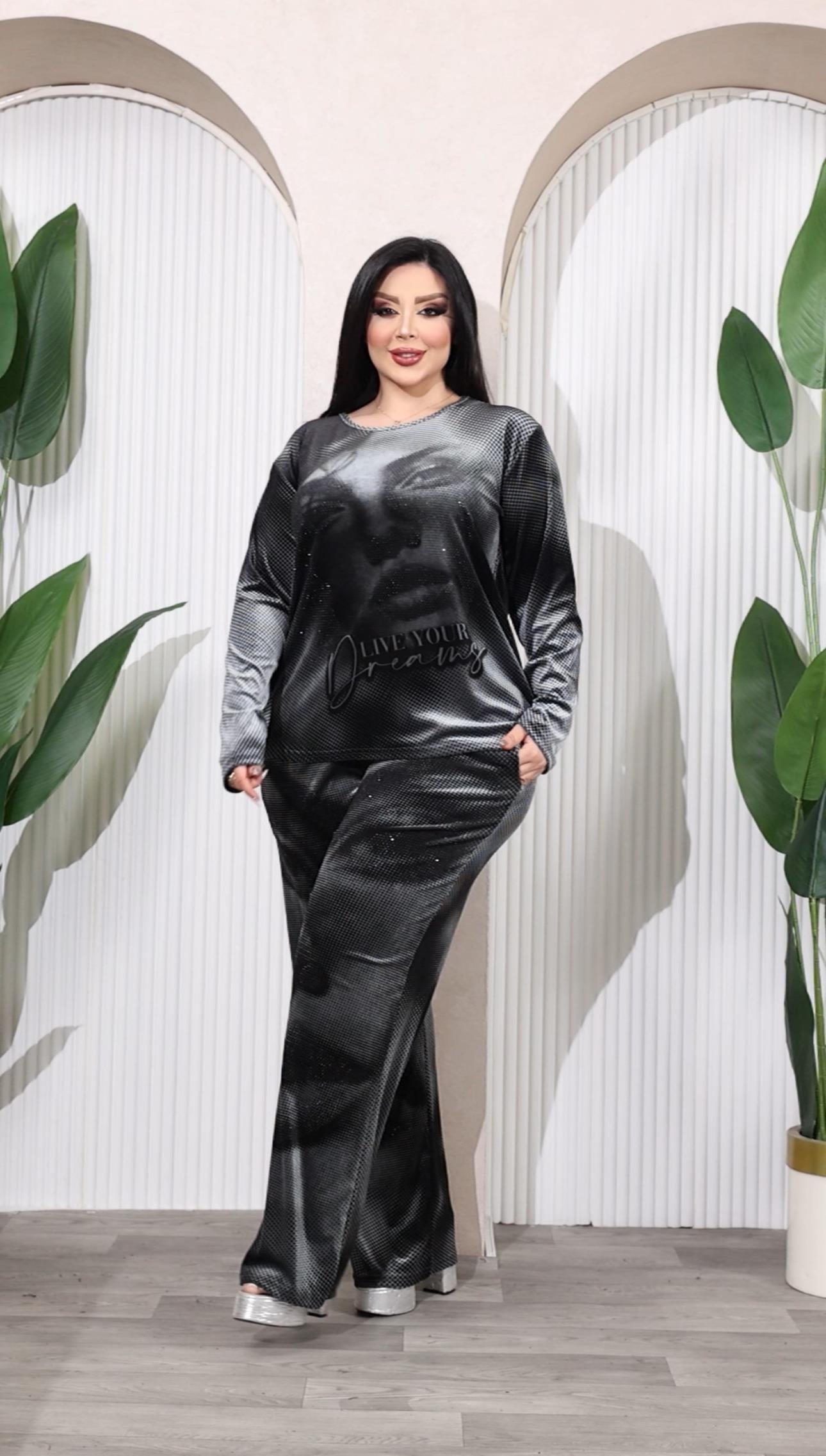 Face Crystal Taşlı Kadife Takım - GRİ