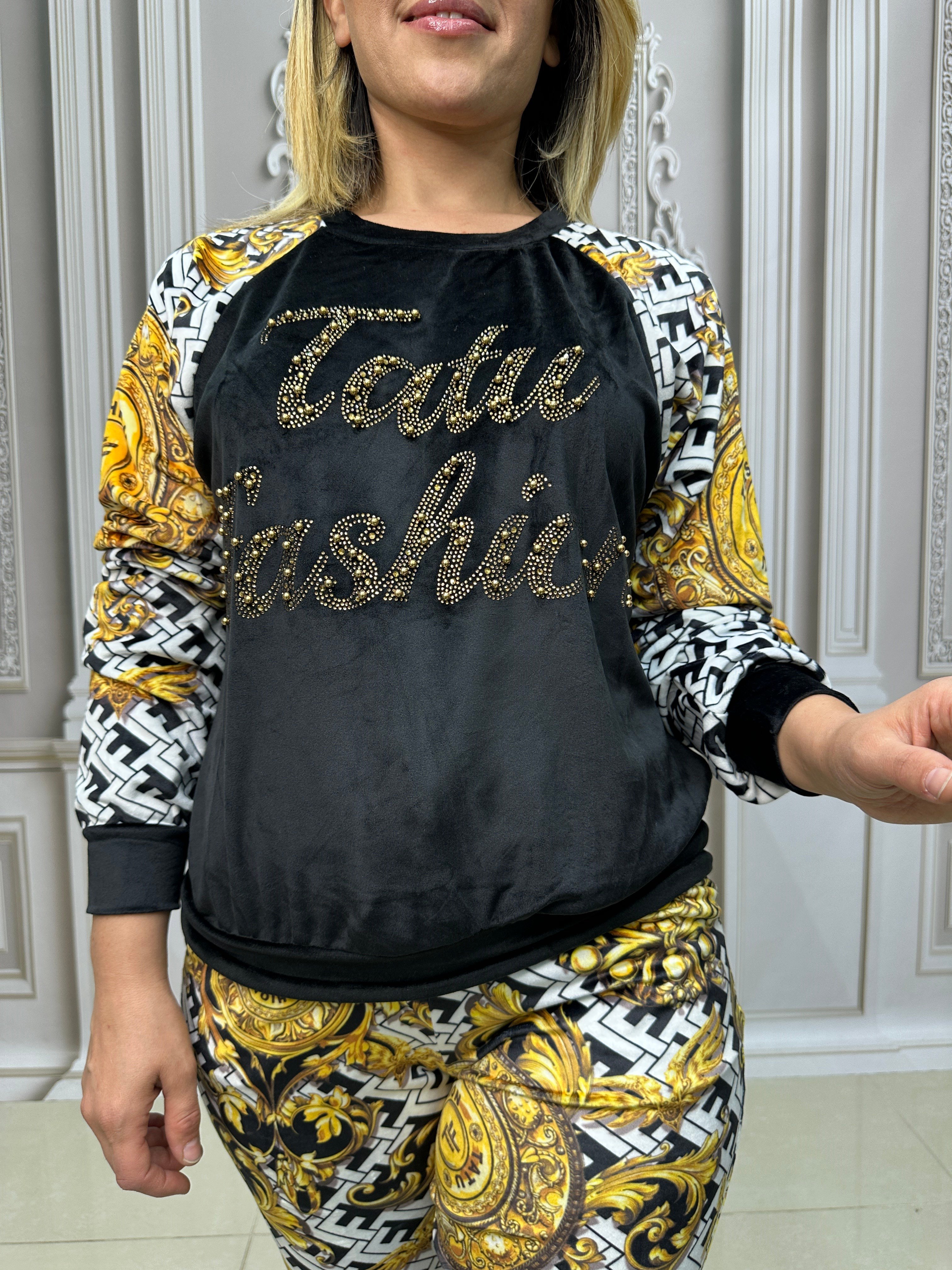 Kadife Omuz Taş Detaylı Crystal Taşlı İkili Takım - BEYAZ