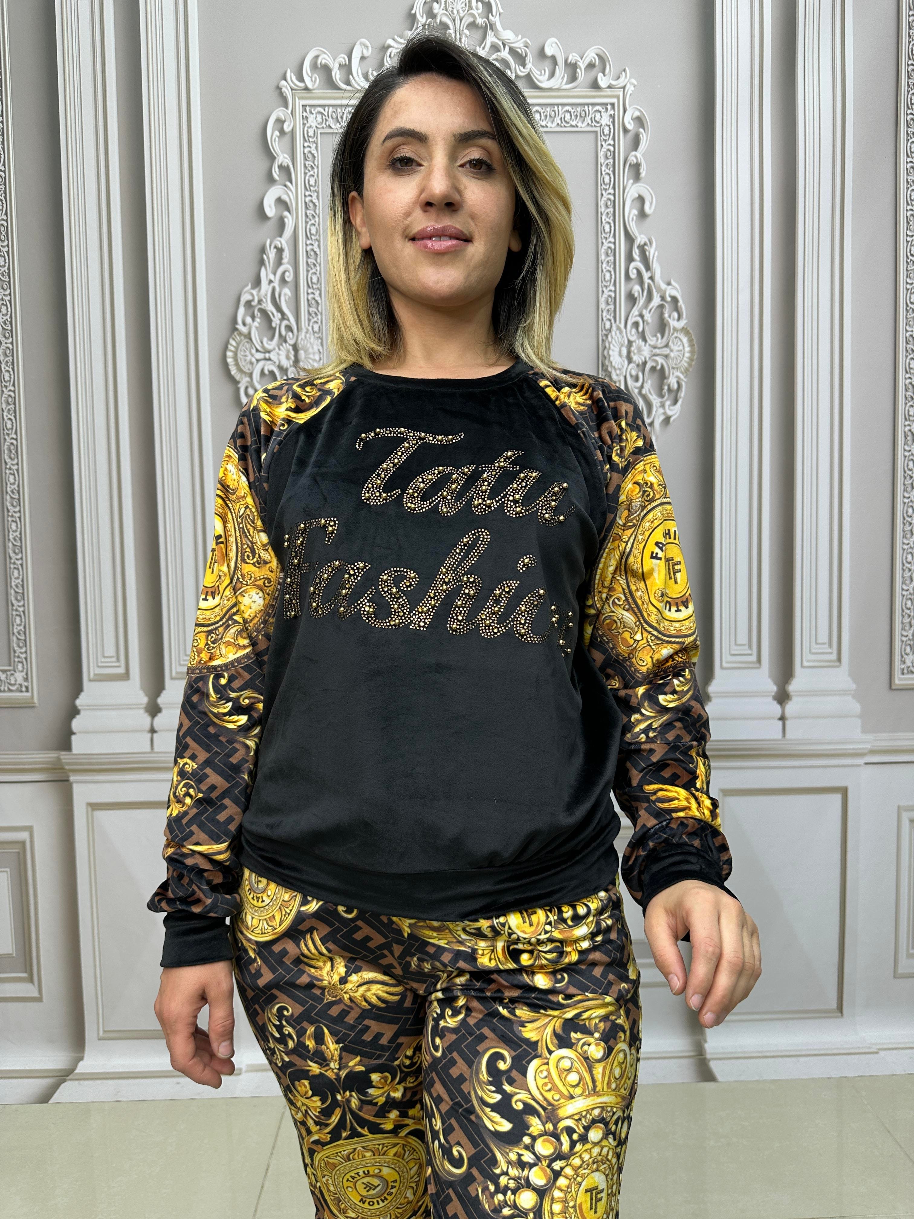 Kadife Omuz Taş Detaylı Crystal Taşlı İkili Takım - KAHVE