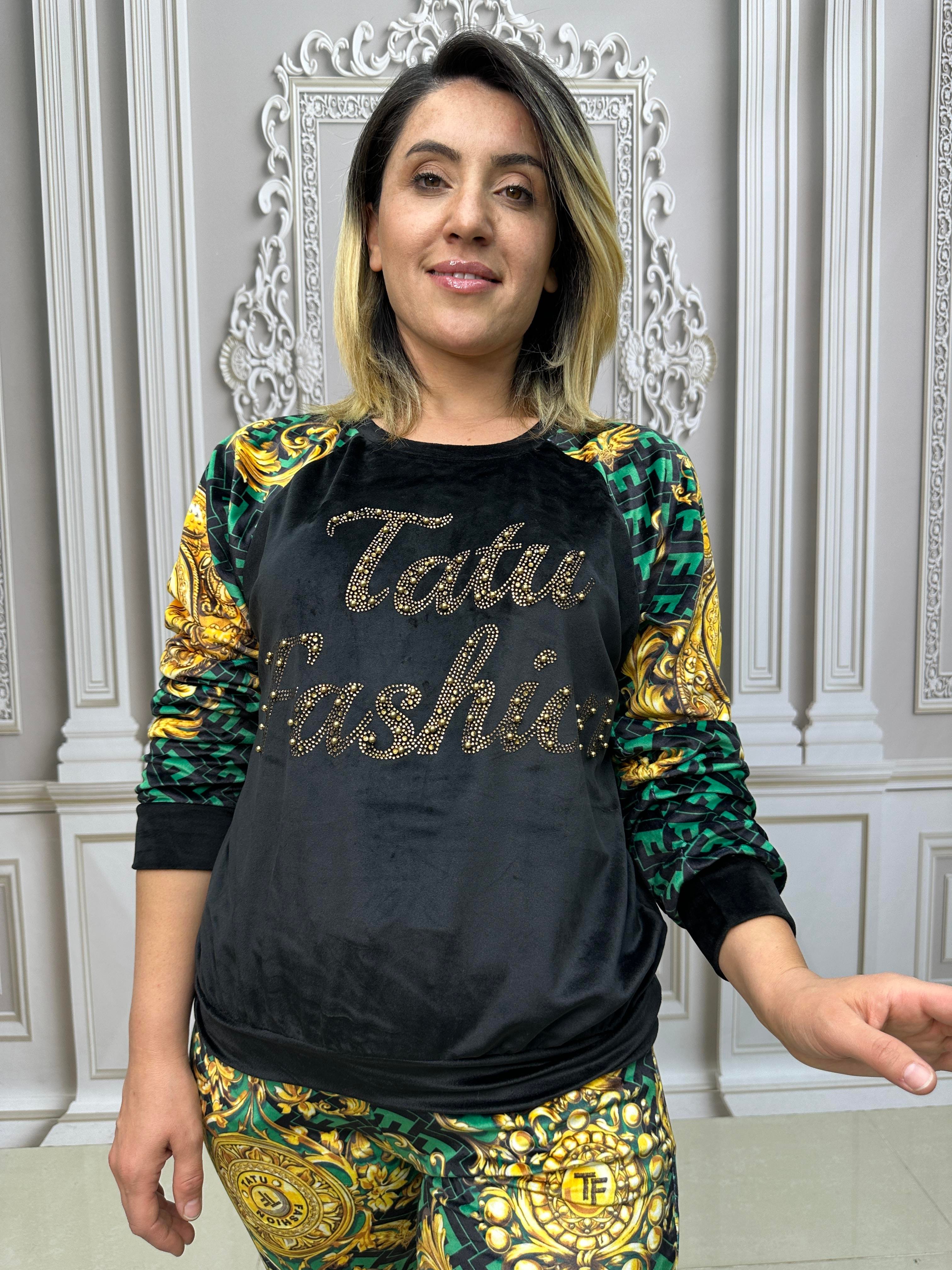 Kadife Omuz Taş Detaylı Crystal Taşlı İkili Takım - YEŞİL