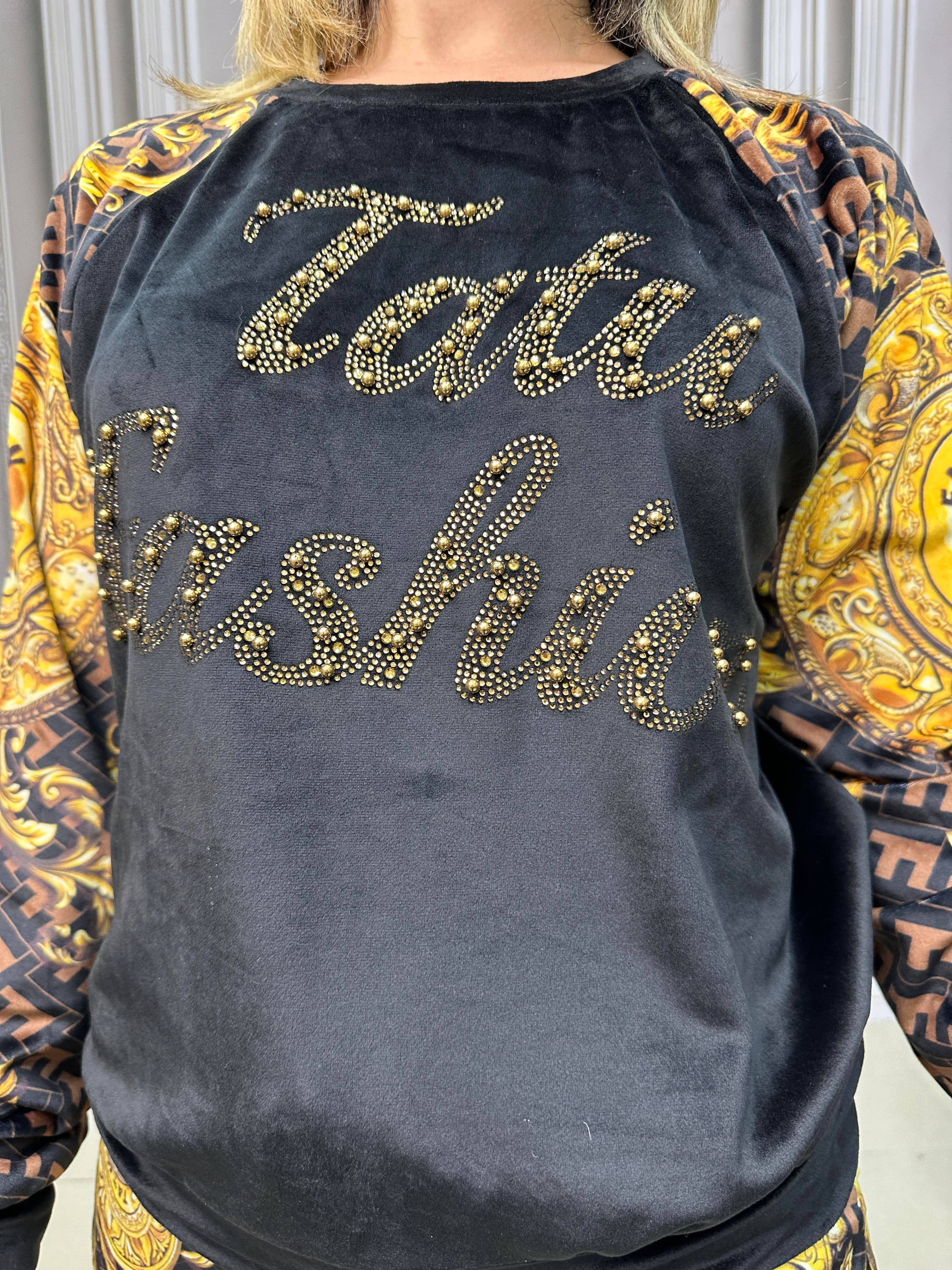 Kadife Omuz Taş Detaylı Crystal Taşlı İkili Takım - KAHVE