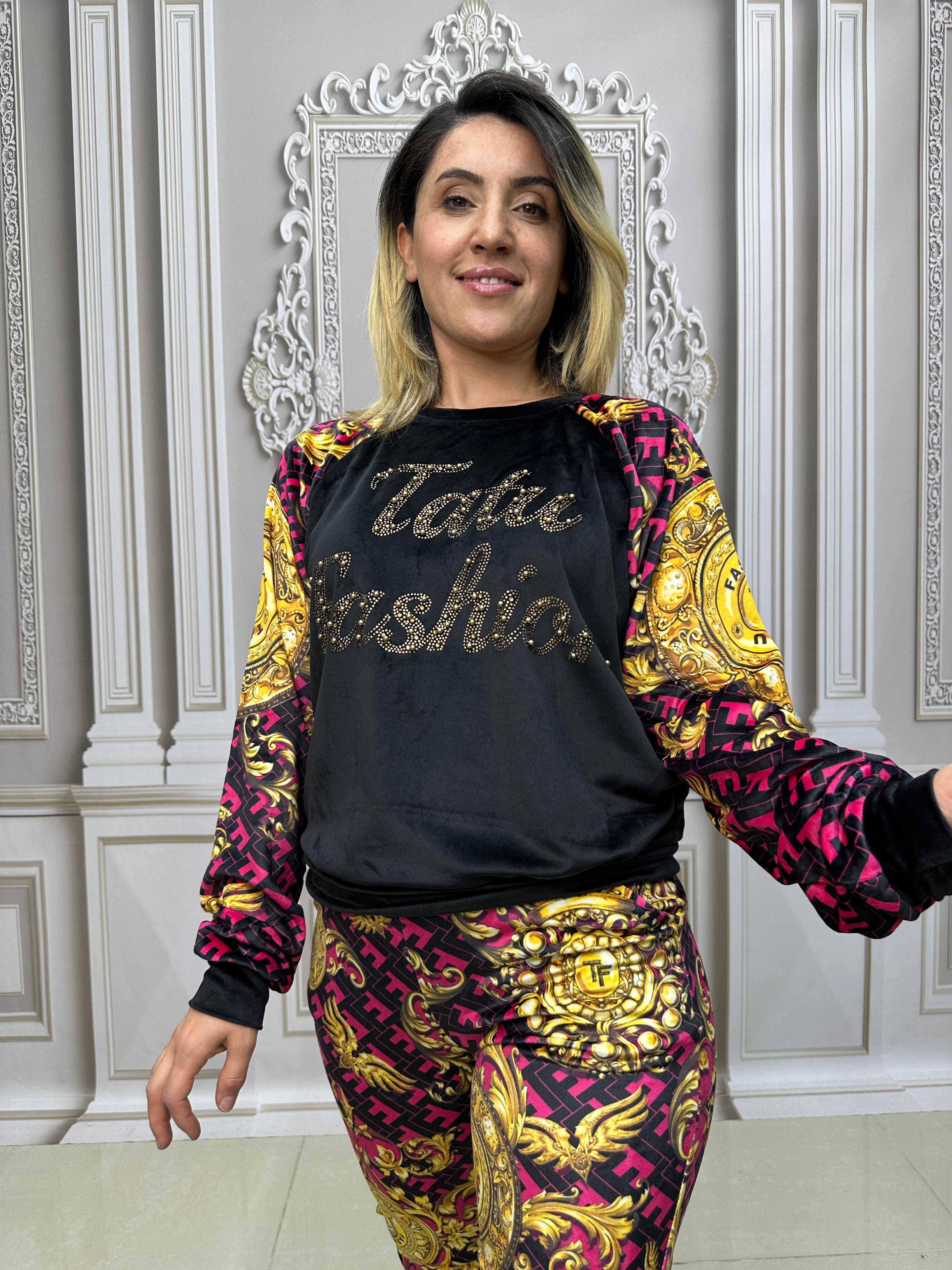 Kadife Omuz Taş Detaylı Crystal Taşlı İkili Takım - FUŞYA