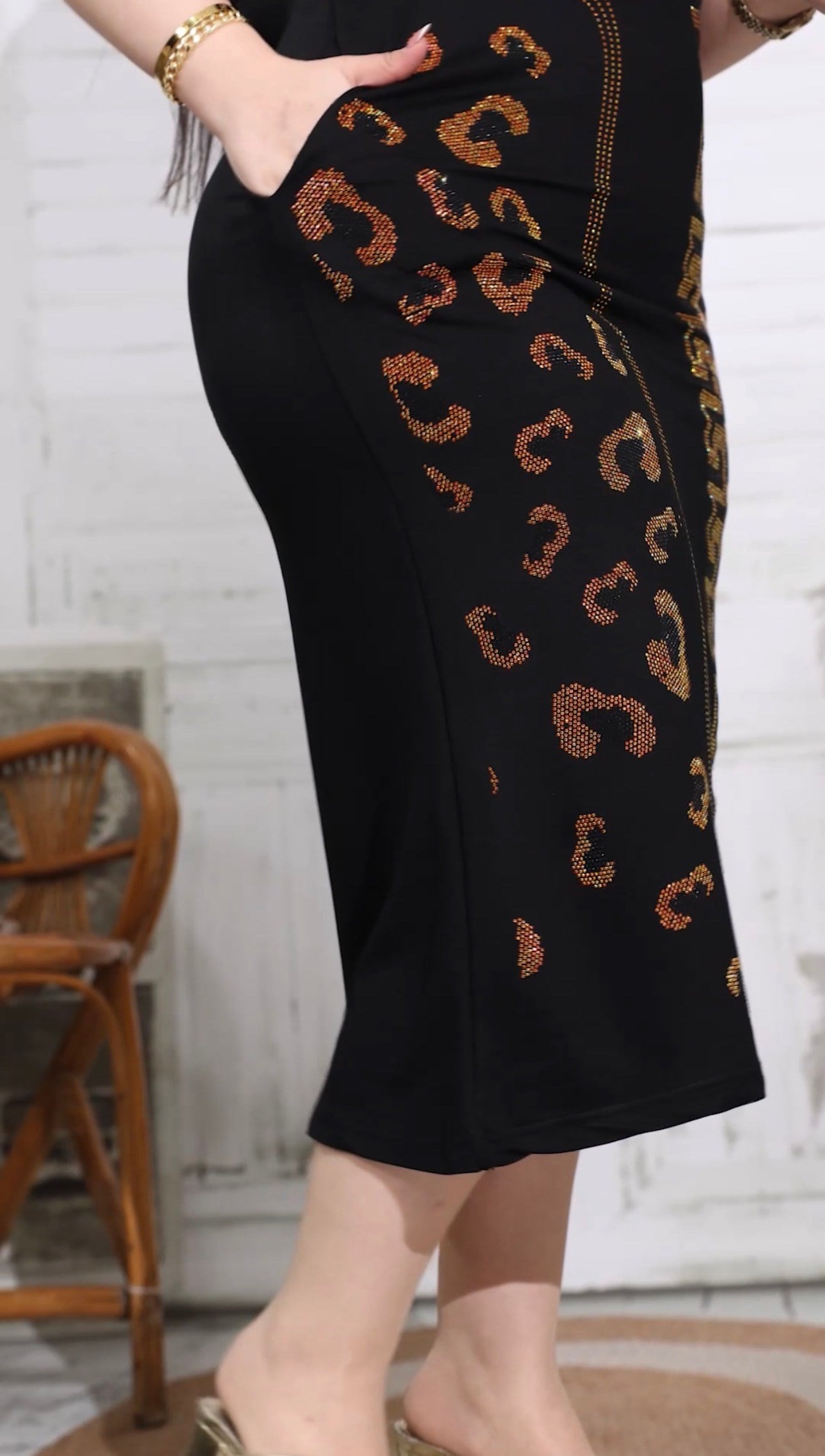 Leopar Crystal Taşlı Midi Elbise - SİYAH