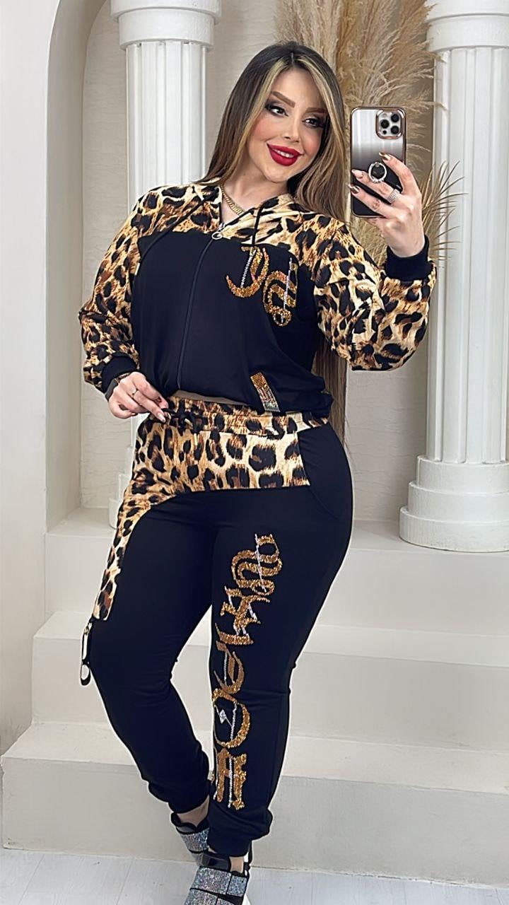 Leopar Desen Crystal Taşlı Eşofman Takımı - SİYAH
