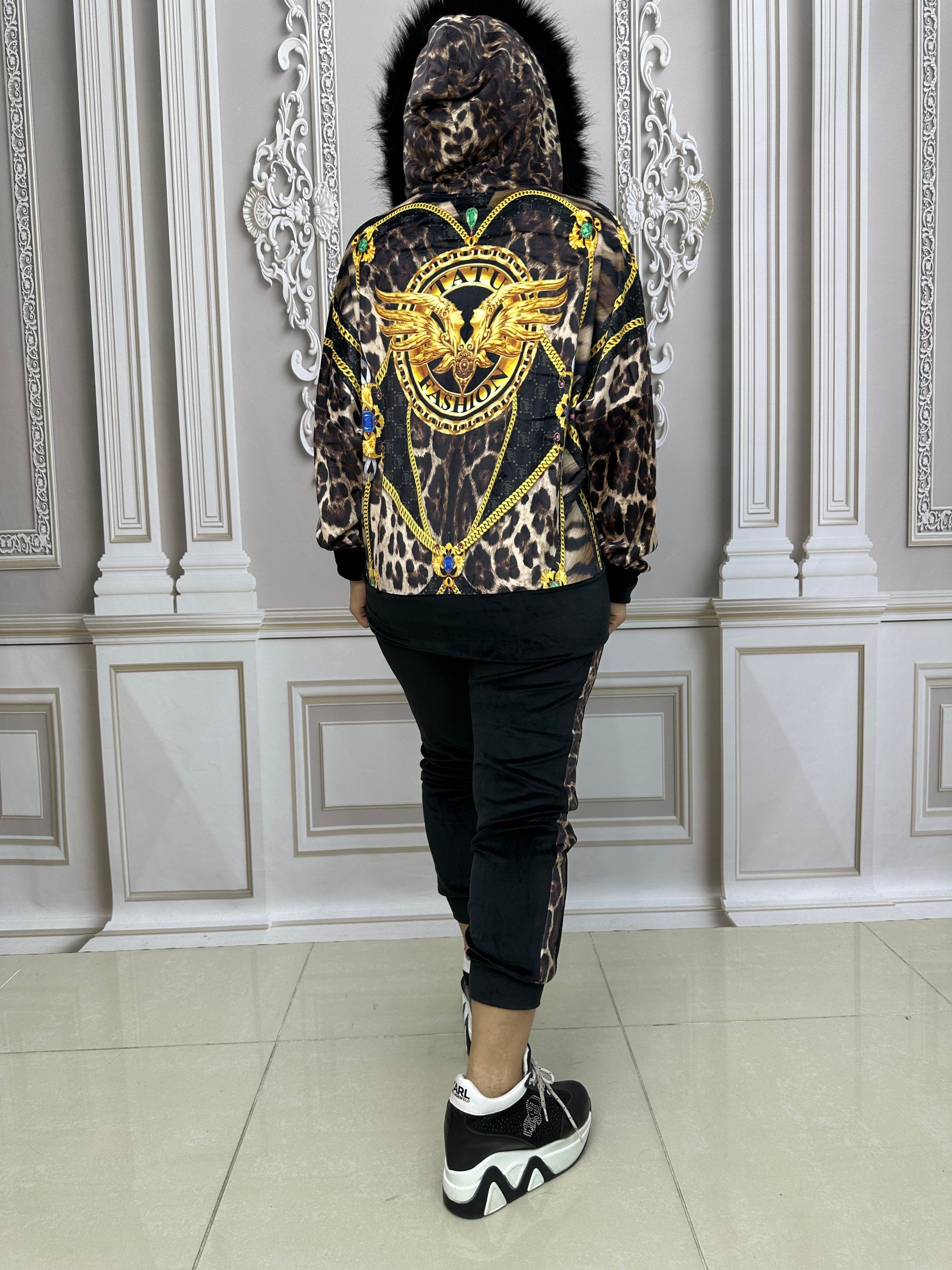 Leopar Desen Kürklü Crystal Taşlı Kadife Eşofman Takımı - BEJ