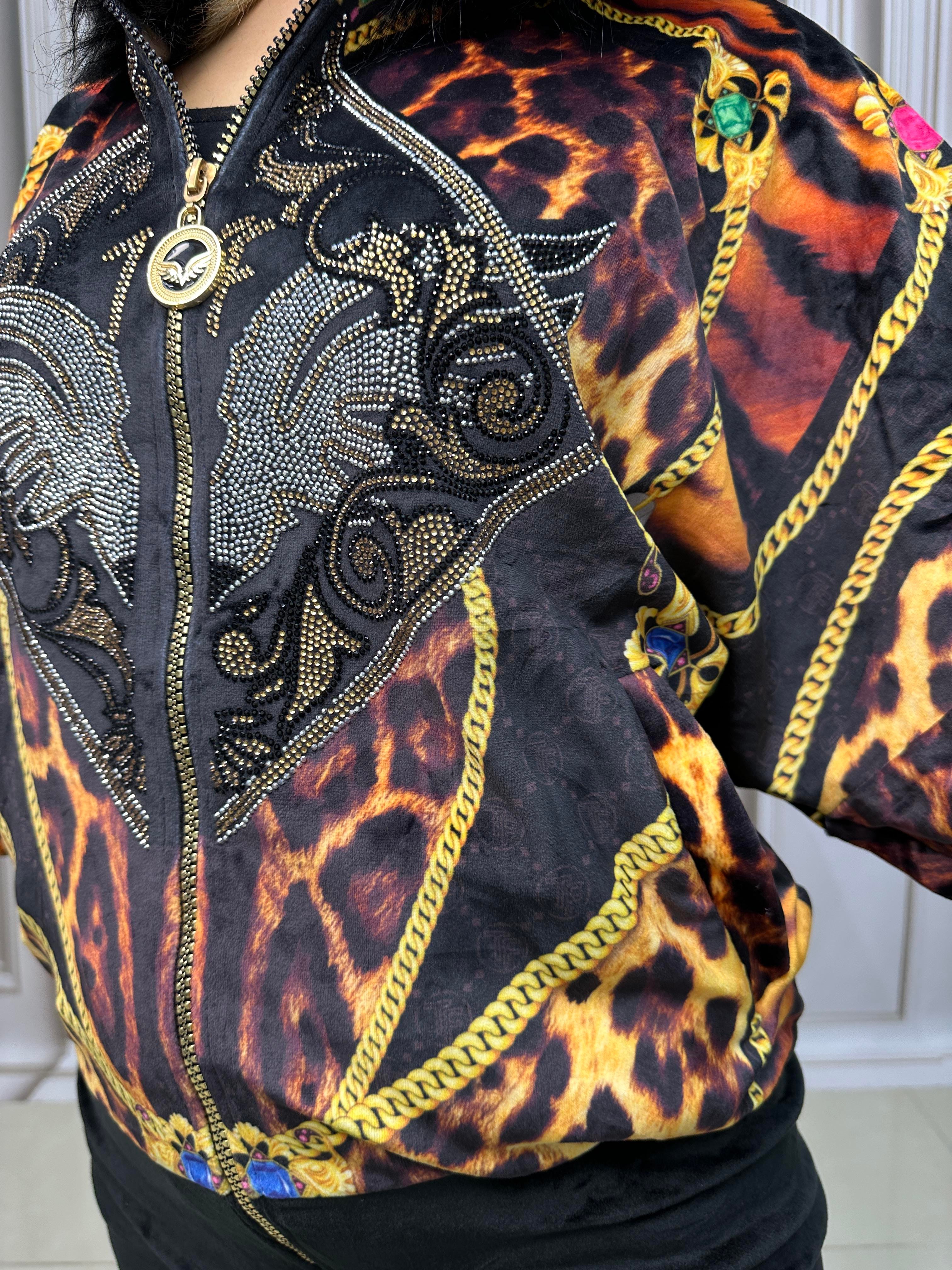 Leopar Desen Kürklü Crystal Taşlı Kadife Eşofman Takımı - KAHVE