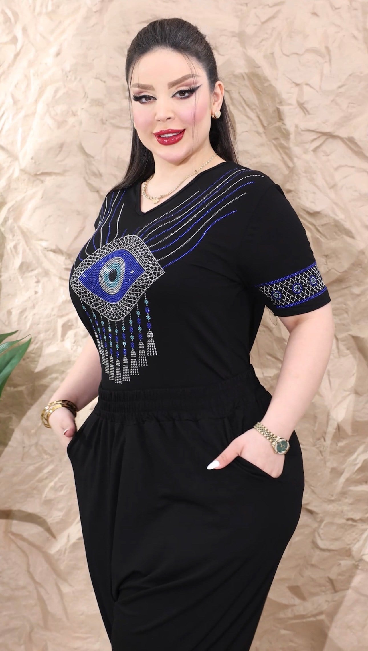 Nazar Boncuklu Crystal Taşlı Şalvarlı Takım - SİYAH