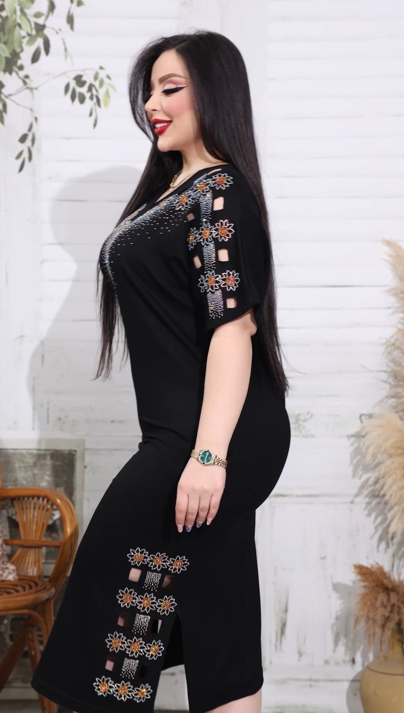 Papatyalı Crystal Taşlı Midi Elbise - SİYAH