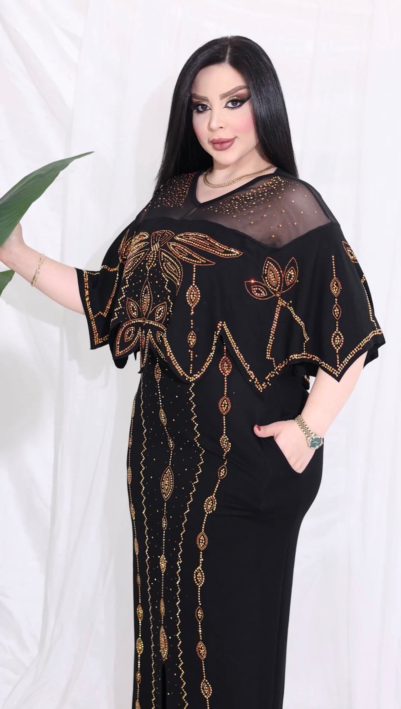 Pelerinli Crystal Taşlı Uzun Elbise - SİYAH