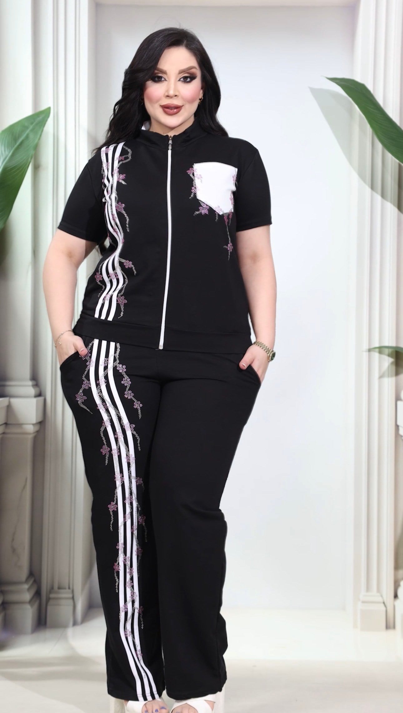 Sakura Çiçekli Crystal Taşlı Takım - SİYAH