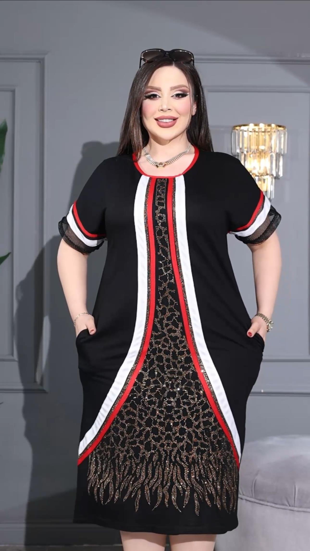 Şerit Crystal Taşlı Elbise - KIRMIZI