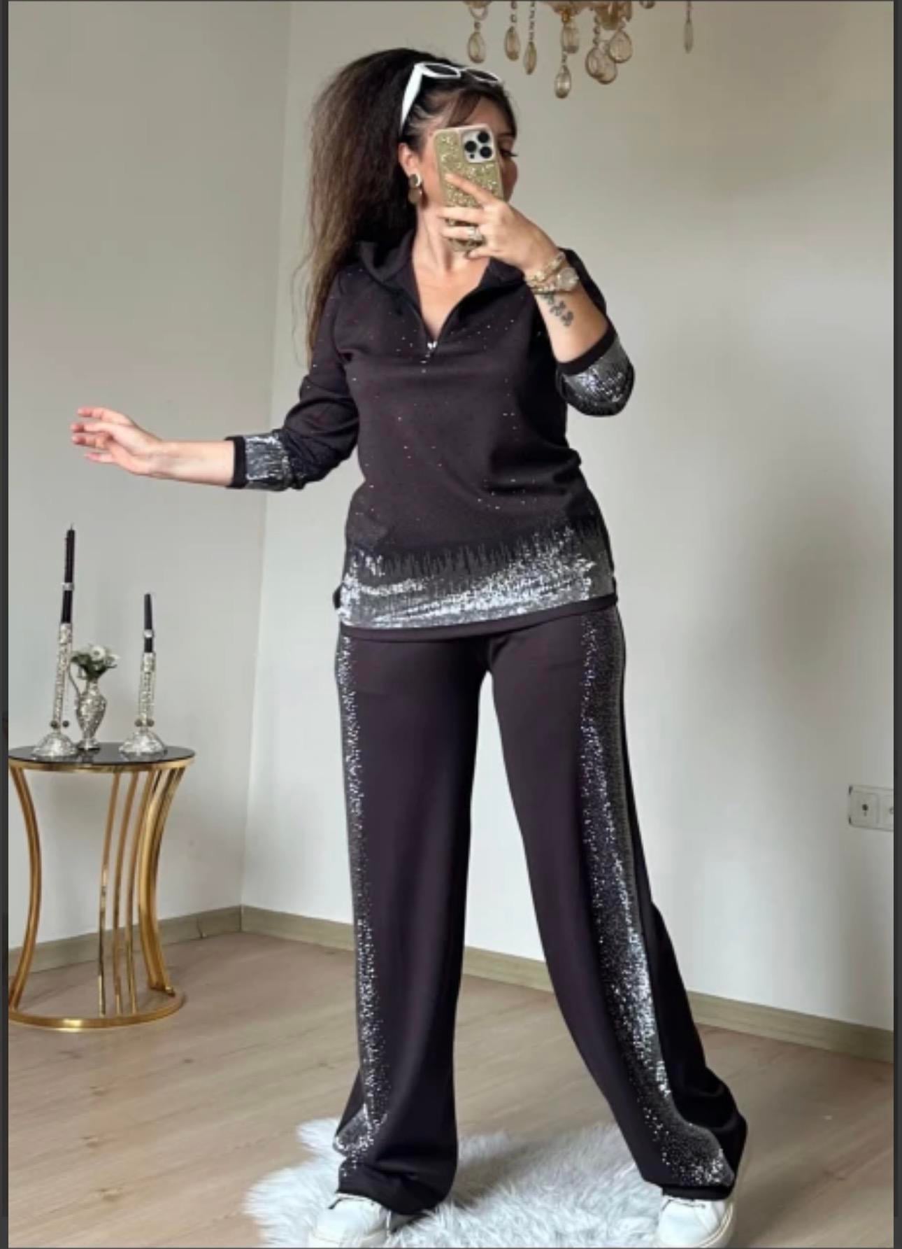 Serpme Crystal Taşlı İkili Takım - KAHVE