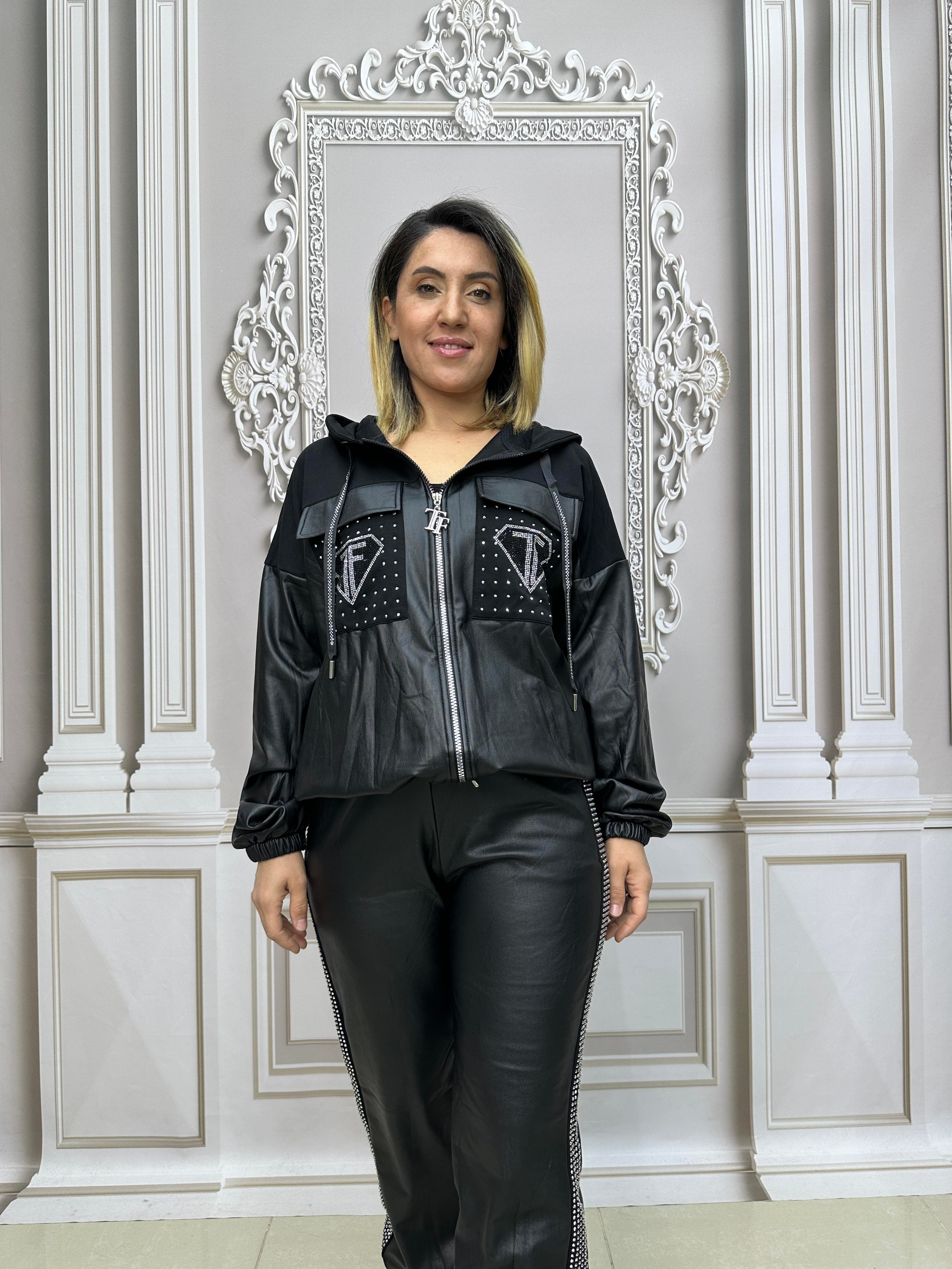 Tf Deri Crystal Taşlı Eşofman Takımı - SİYAH GÜMÜŞ