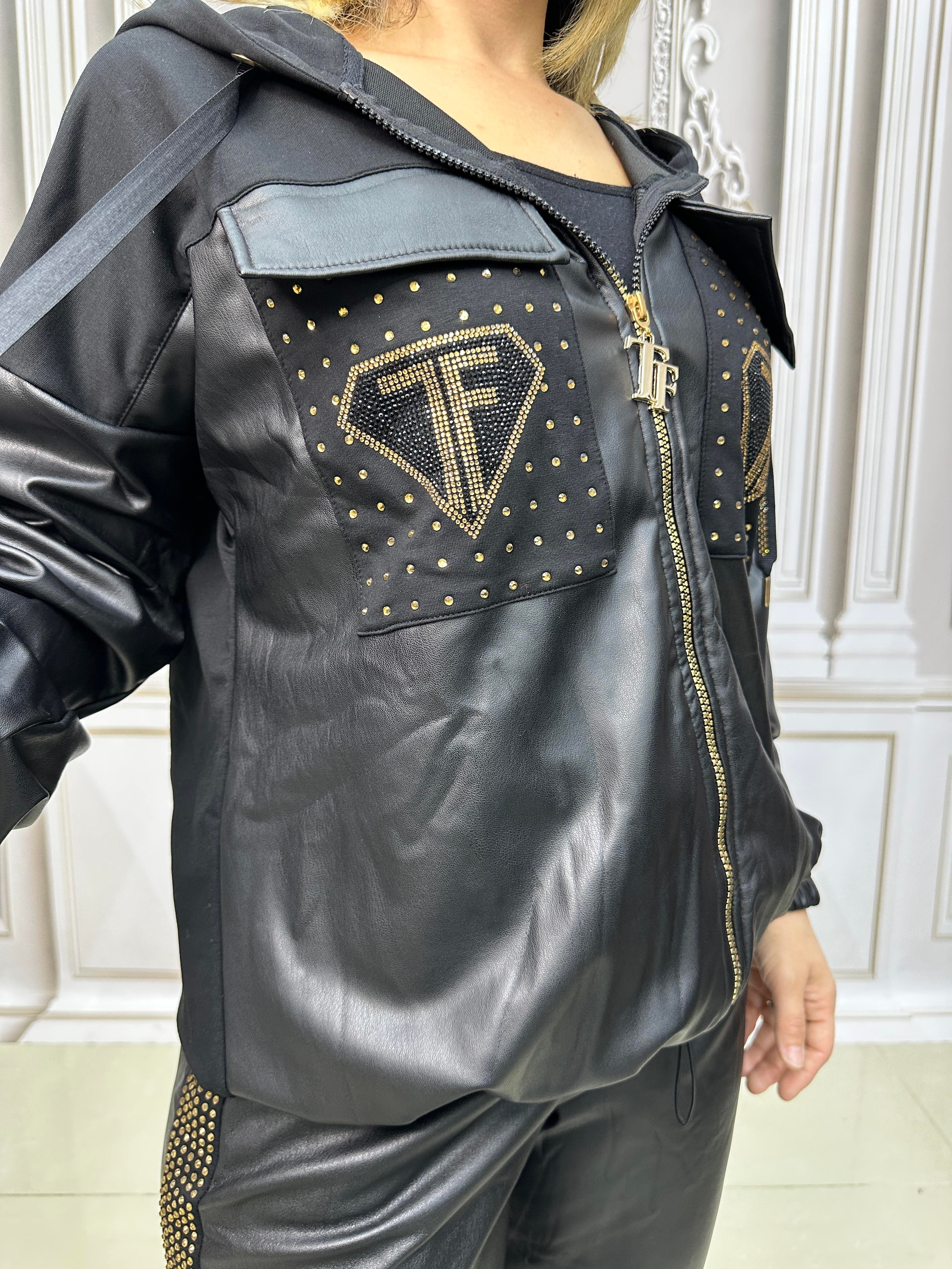 Tf Deri Crystal Taşlı Eşofman Takımı - SİYAH GOLD