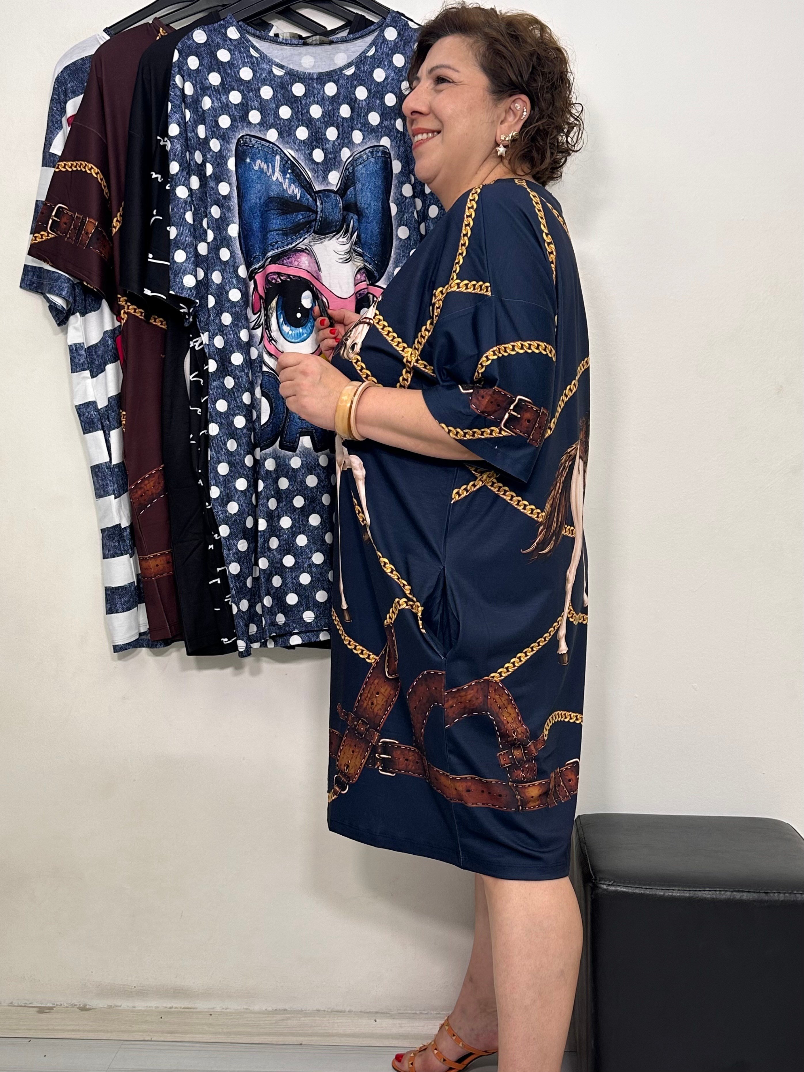 Capri Tunik & Elbise Lacivert Zincir Desen