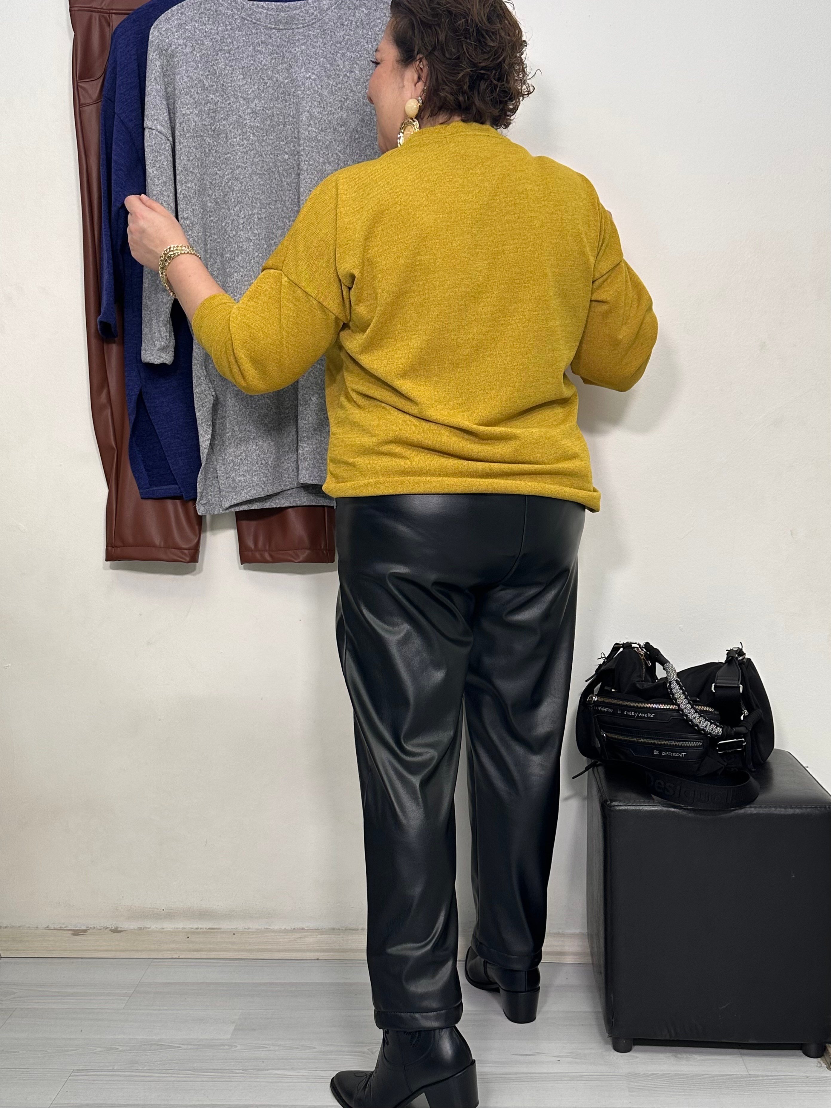 Deep Şardonlu Deri Pantolon Siyah