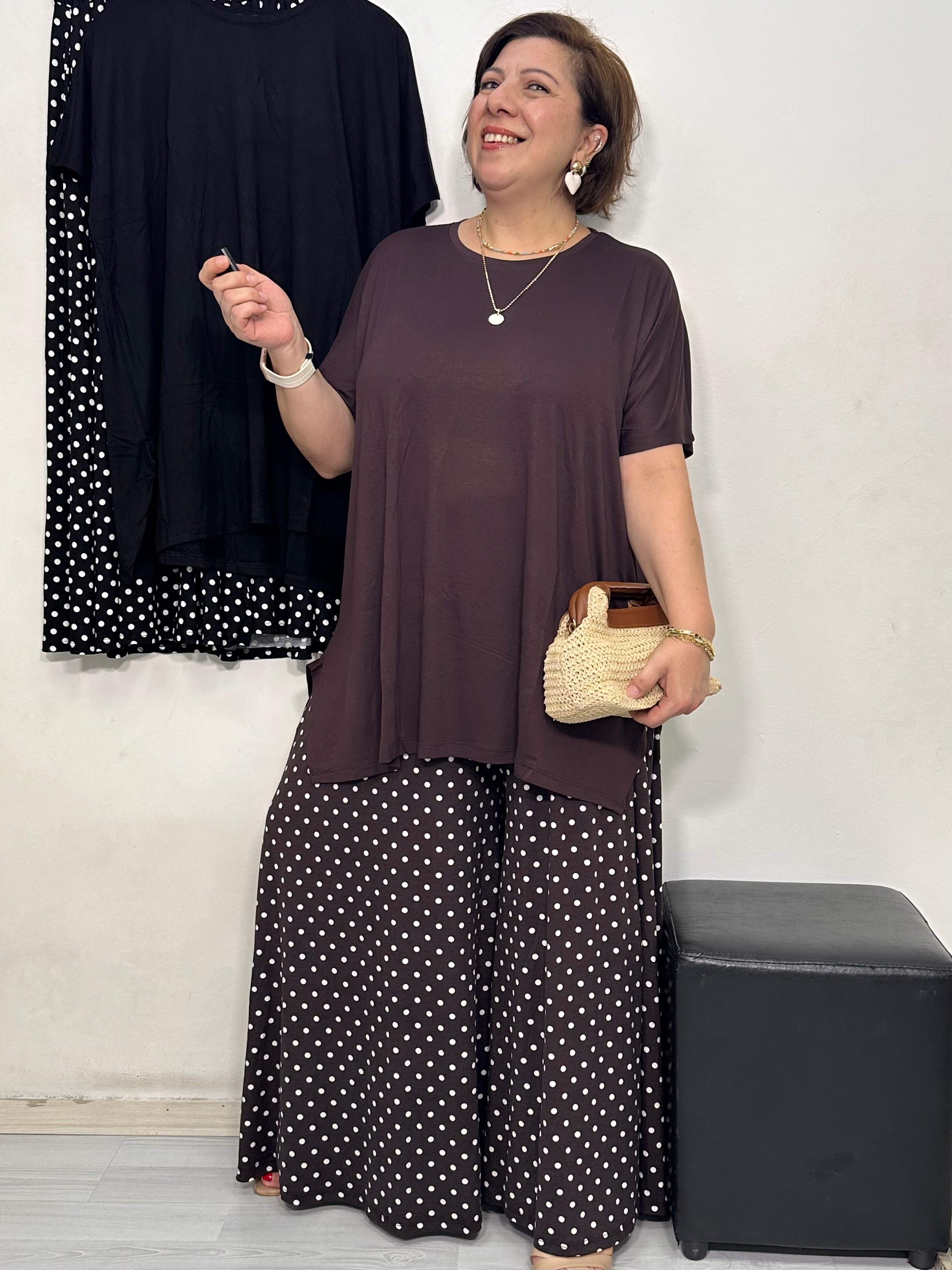 Feira Etek Pantolon Takım Kahverengi Puantiye