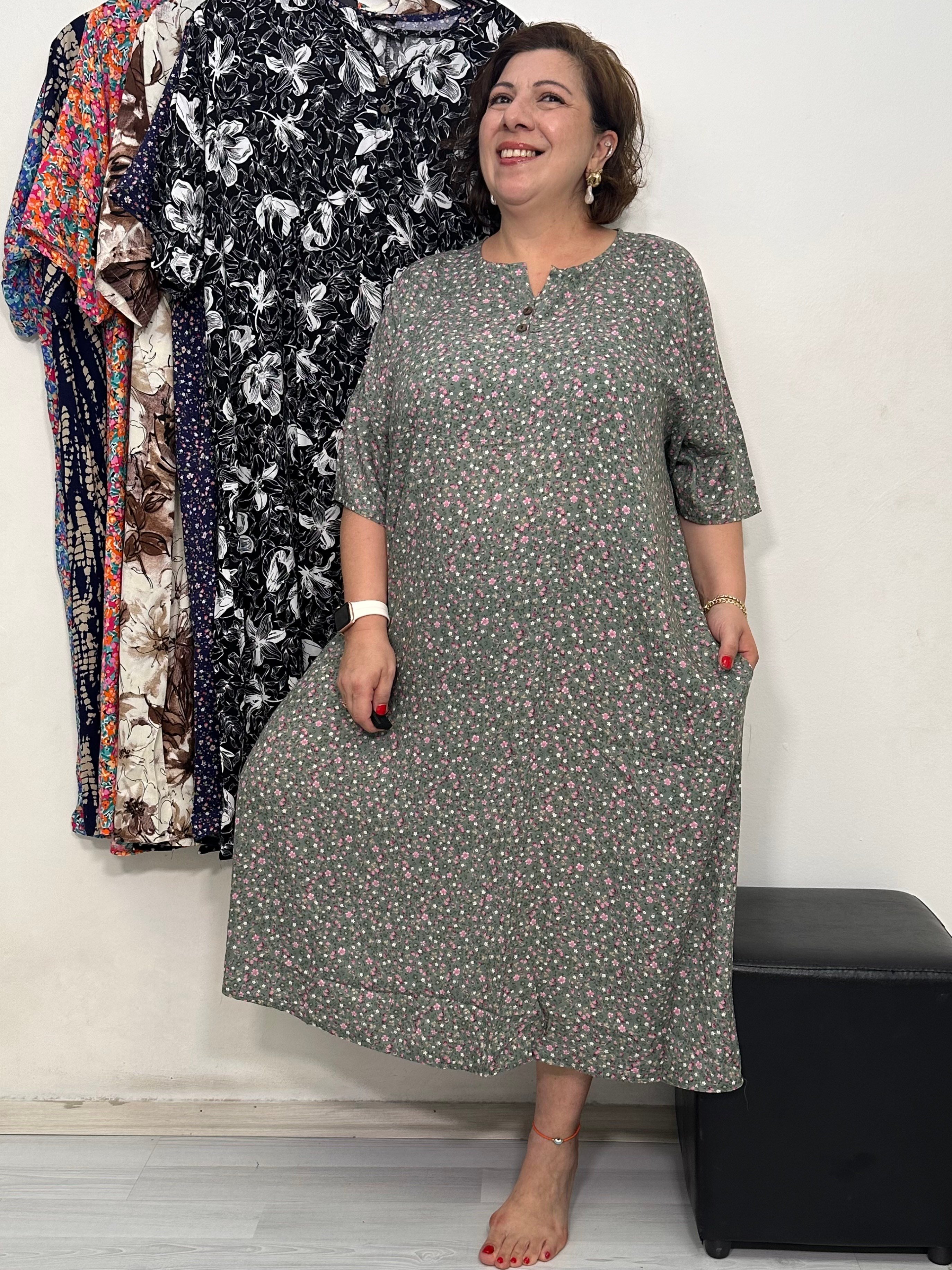 Greta Yarım Patlı Elbise Haki Çıtır Çiçek Desen