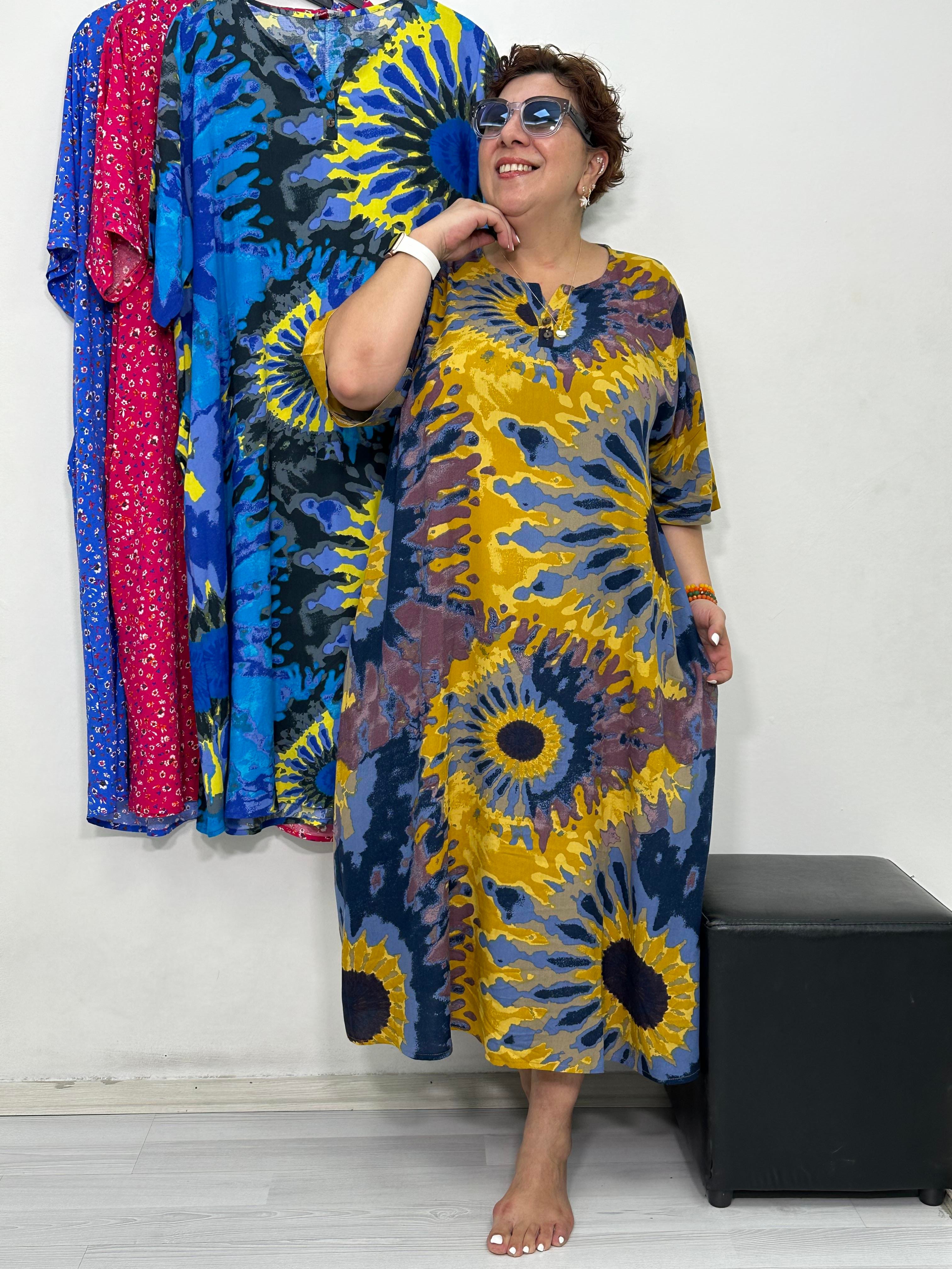 Greta Yarım Patlı Elbise Hardal Batik Desen