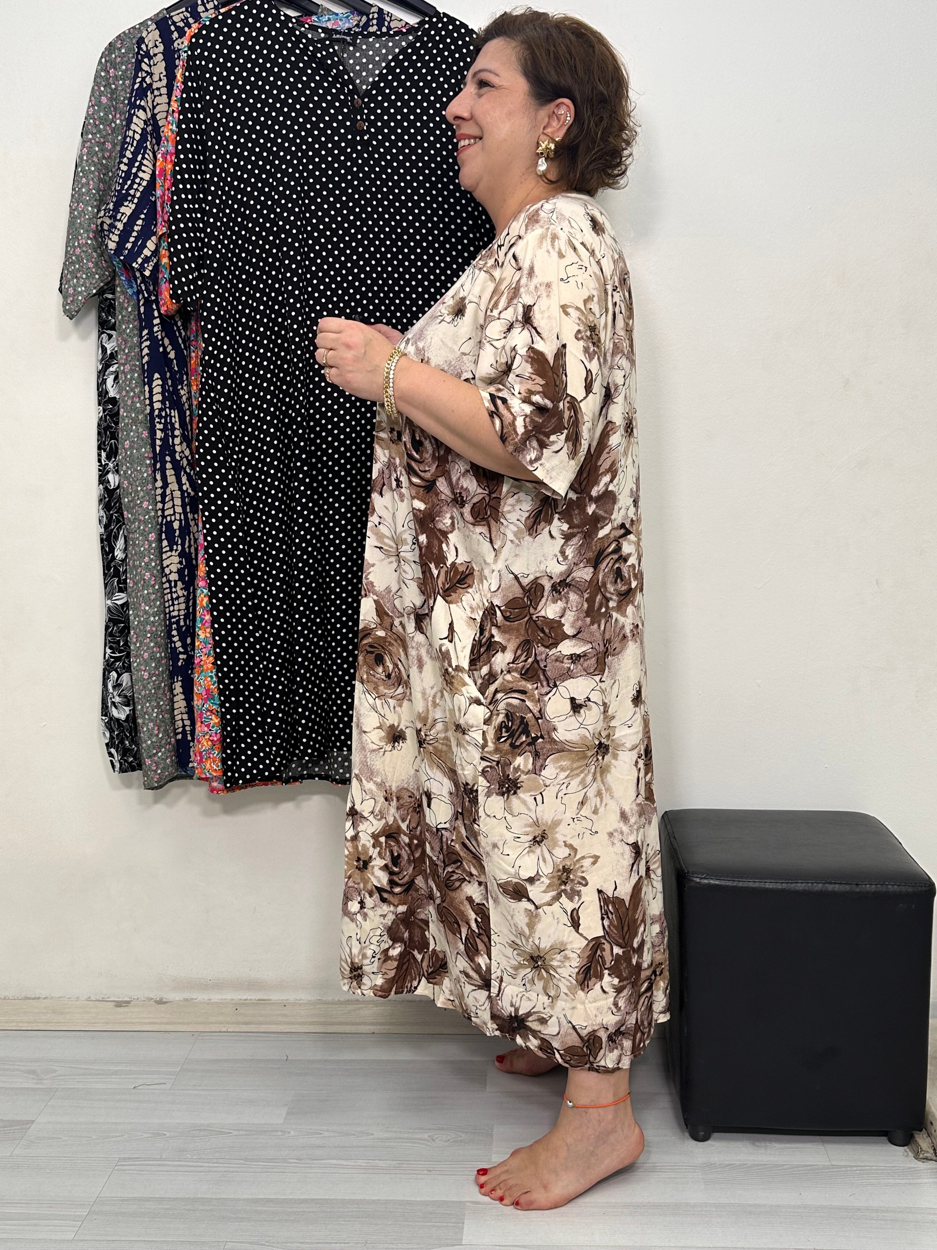 Greta Yarım Patlı Elbise Krem Kahve Desen
