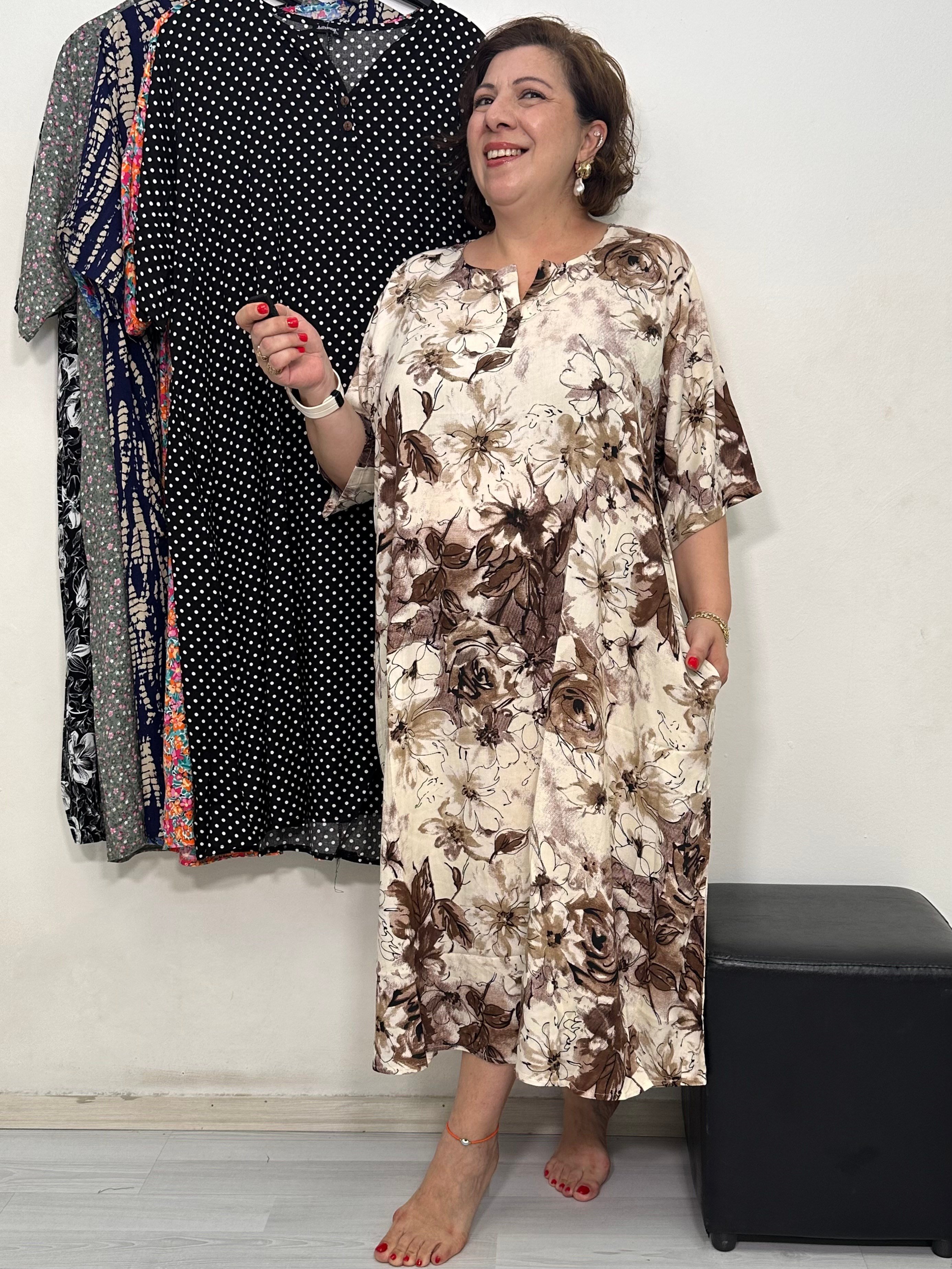 Greta Yarım Patlı Elbise Krem Kahve Desen