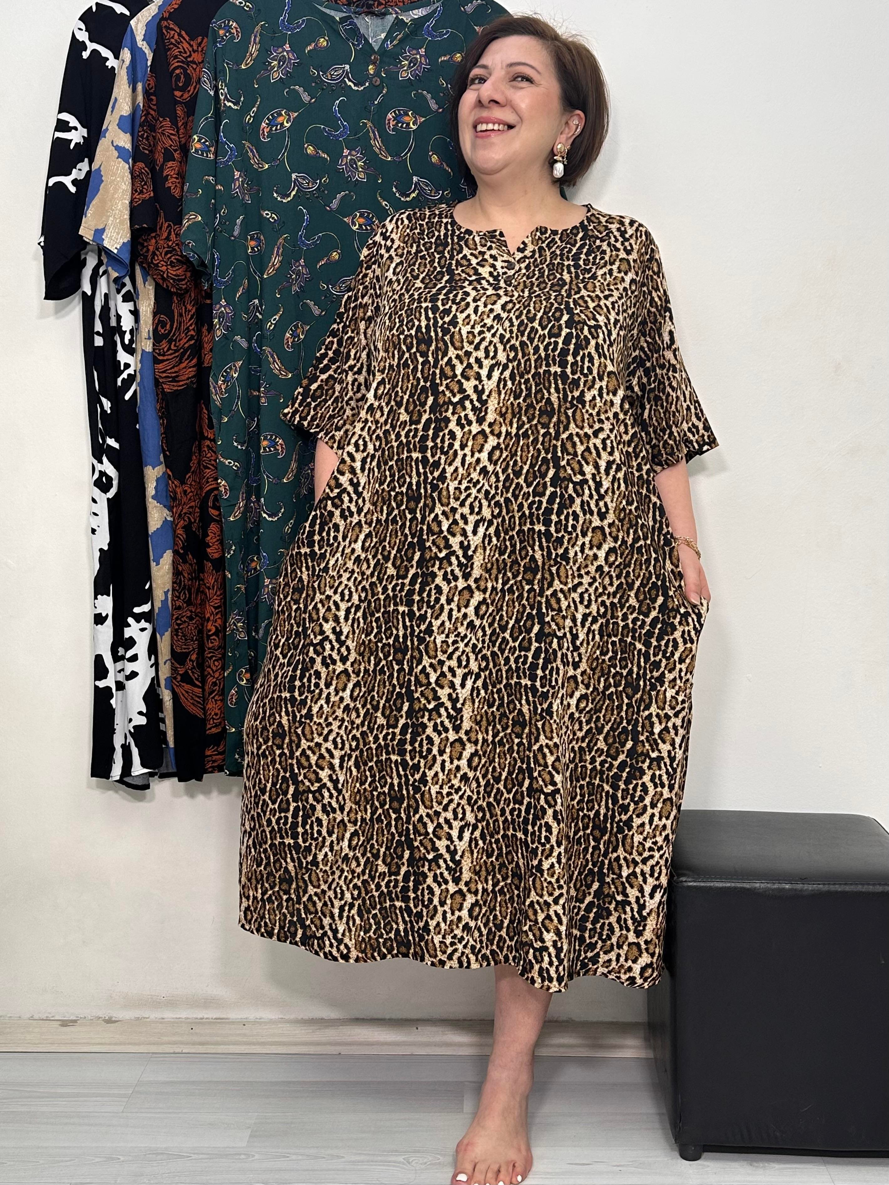 Greta Yarım Patlı Elbise Leopar Desen
