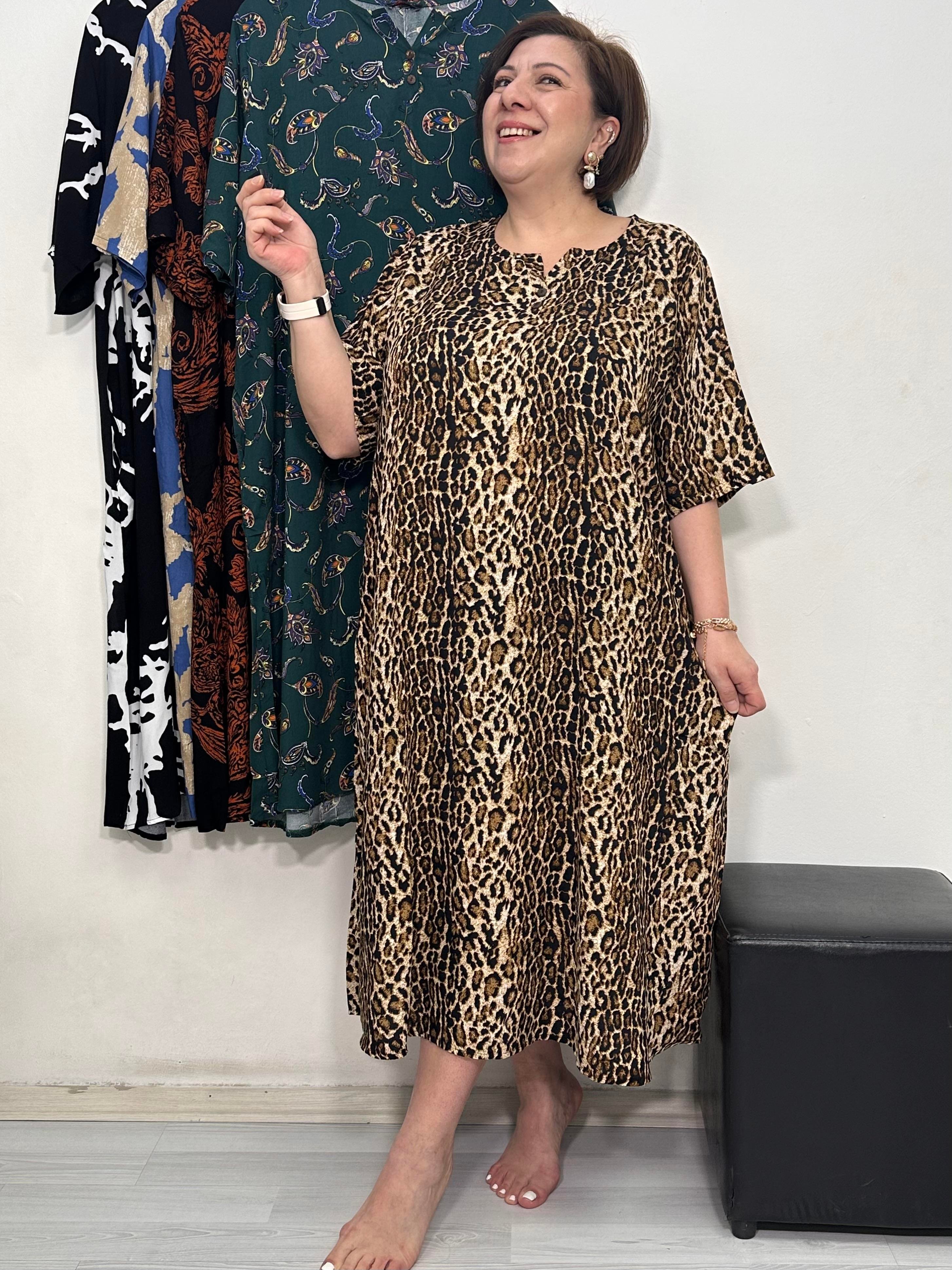 Greta Yarım Patlı Elbise Leopar Desen