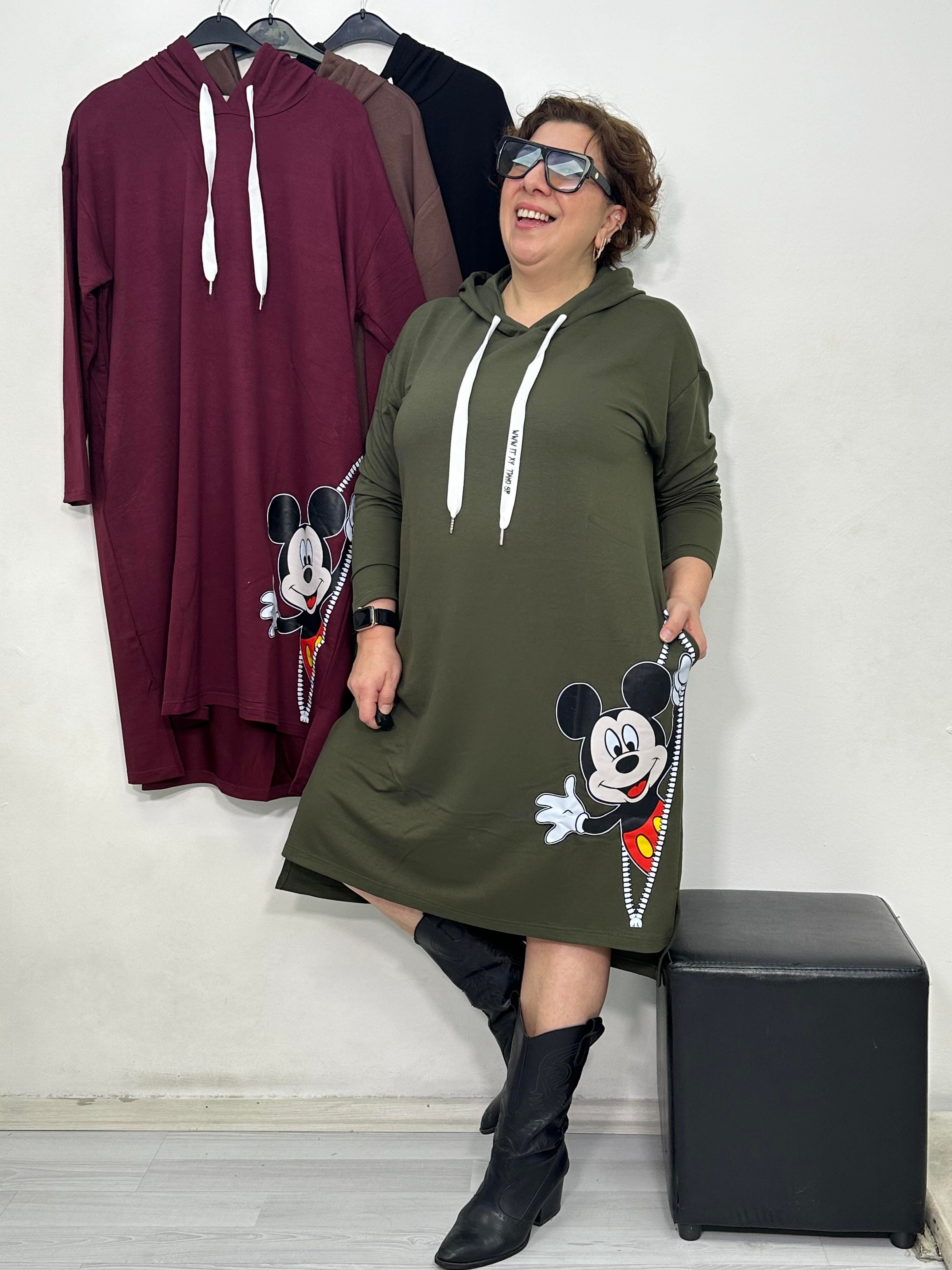 Mini Mickey Kapüşonlu Elbise Haki