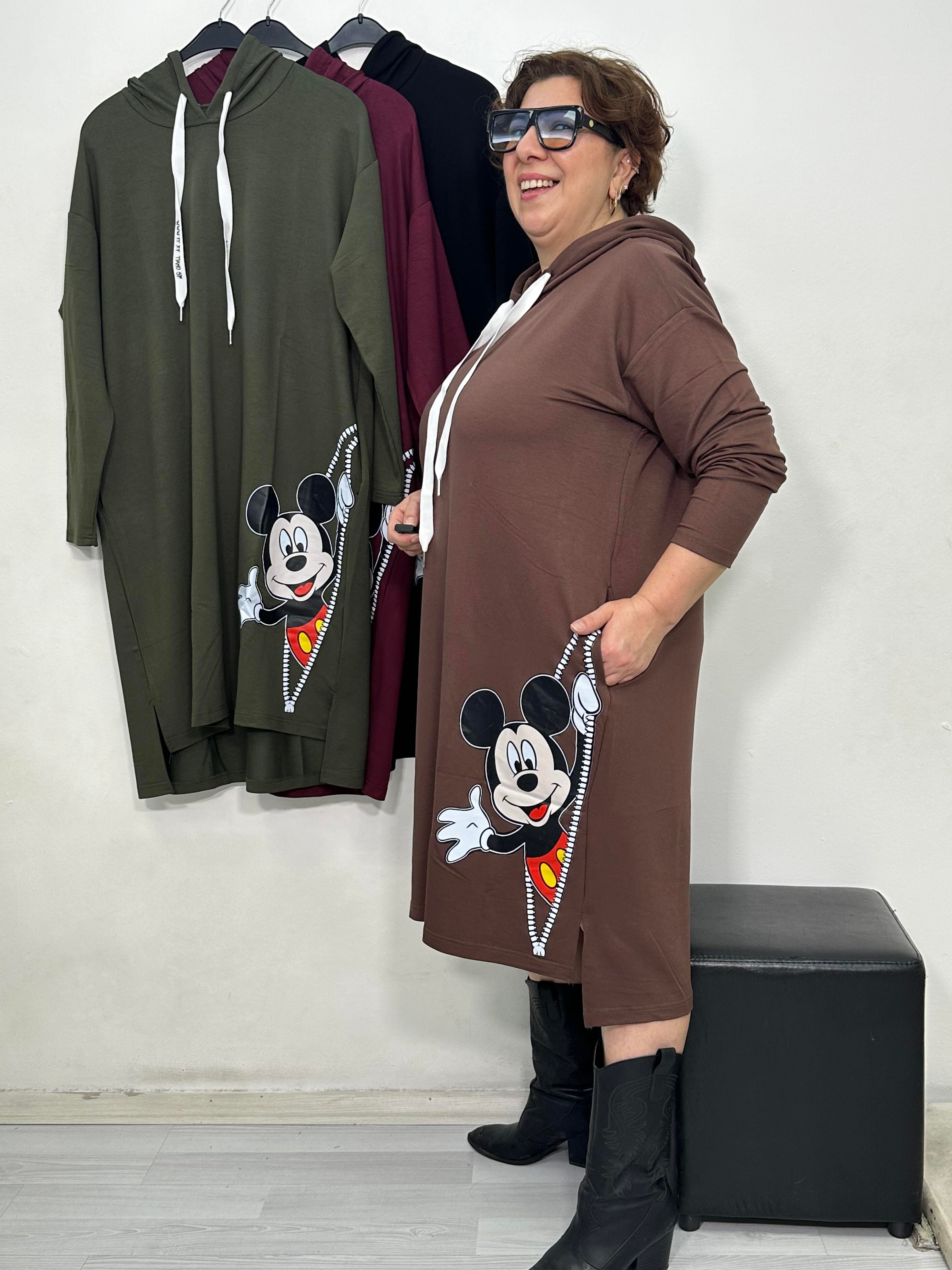 Mini Mickey Kapüşonlu Elbise Kahverengi