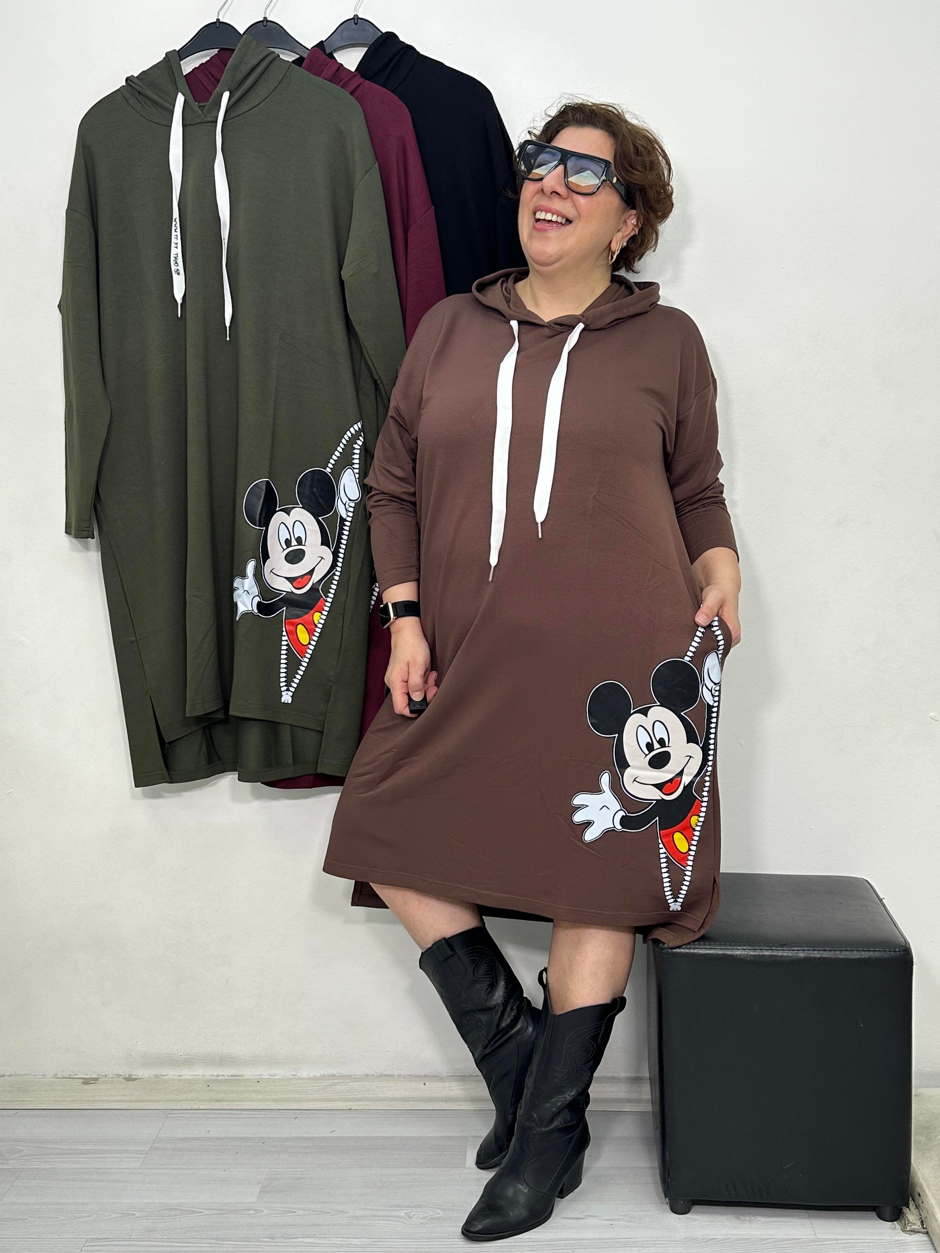 Mini Mickey Kapüşonlu Elbise Kahverengi