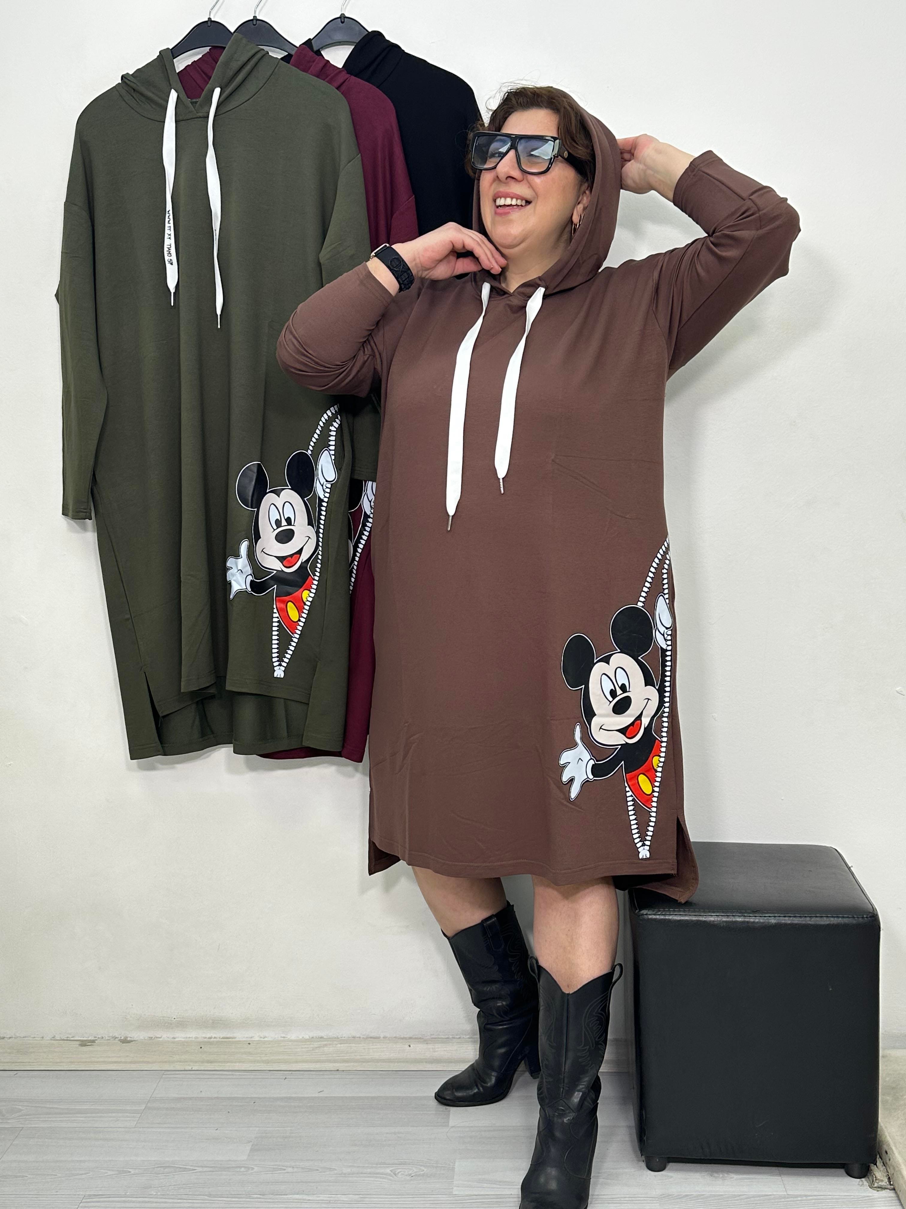 Mini Mickey Kapüşonlu Elbise Kahverengi