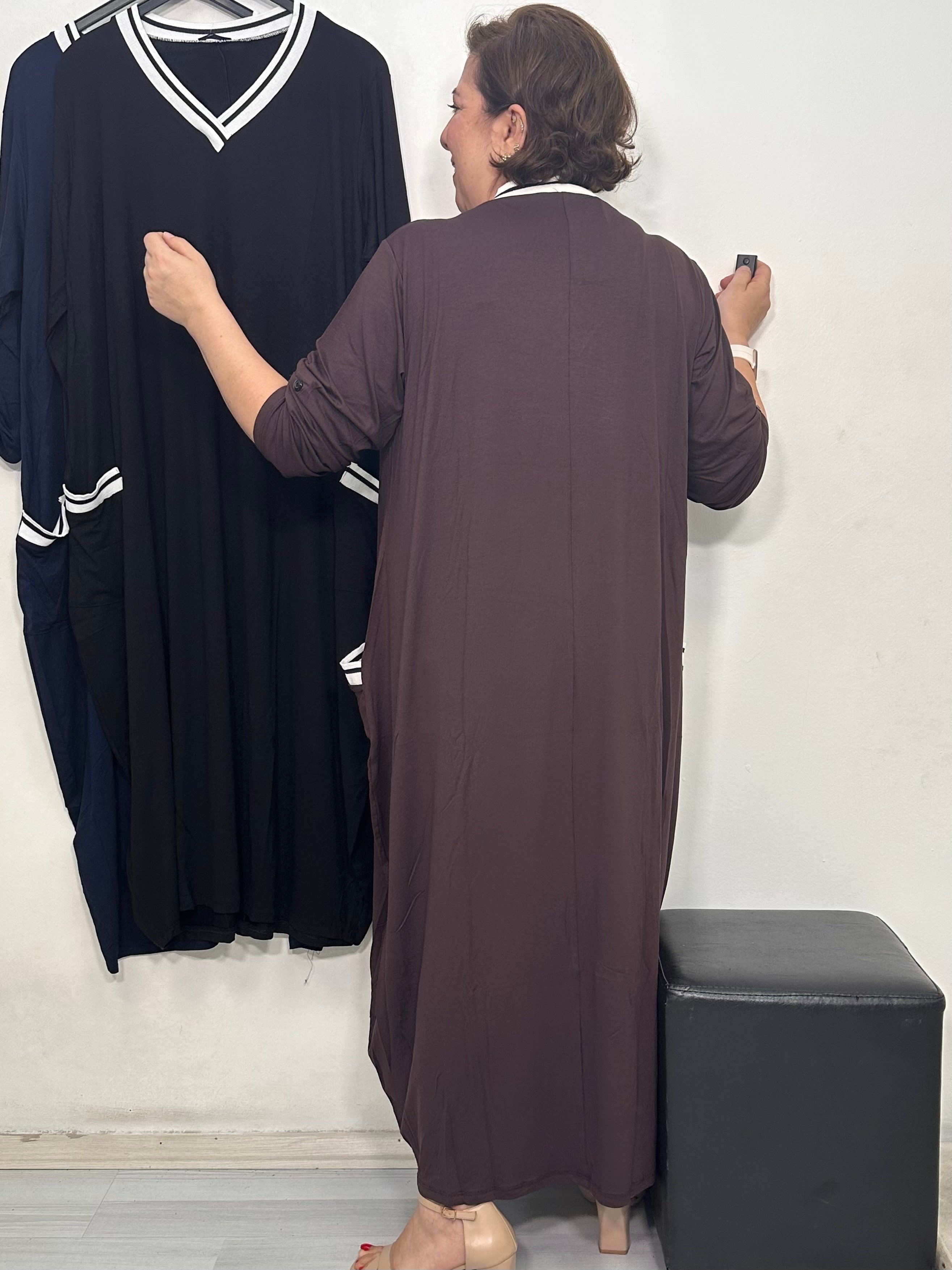 Mira Ribana Detaylı V Yaka Elbise Kahverengi