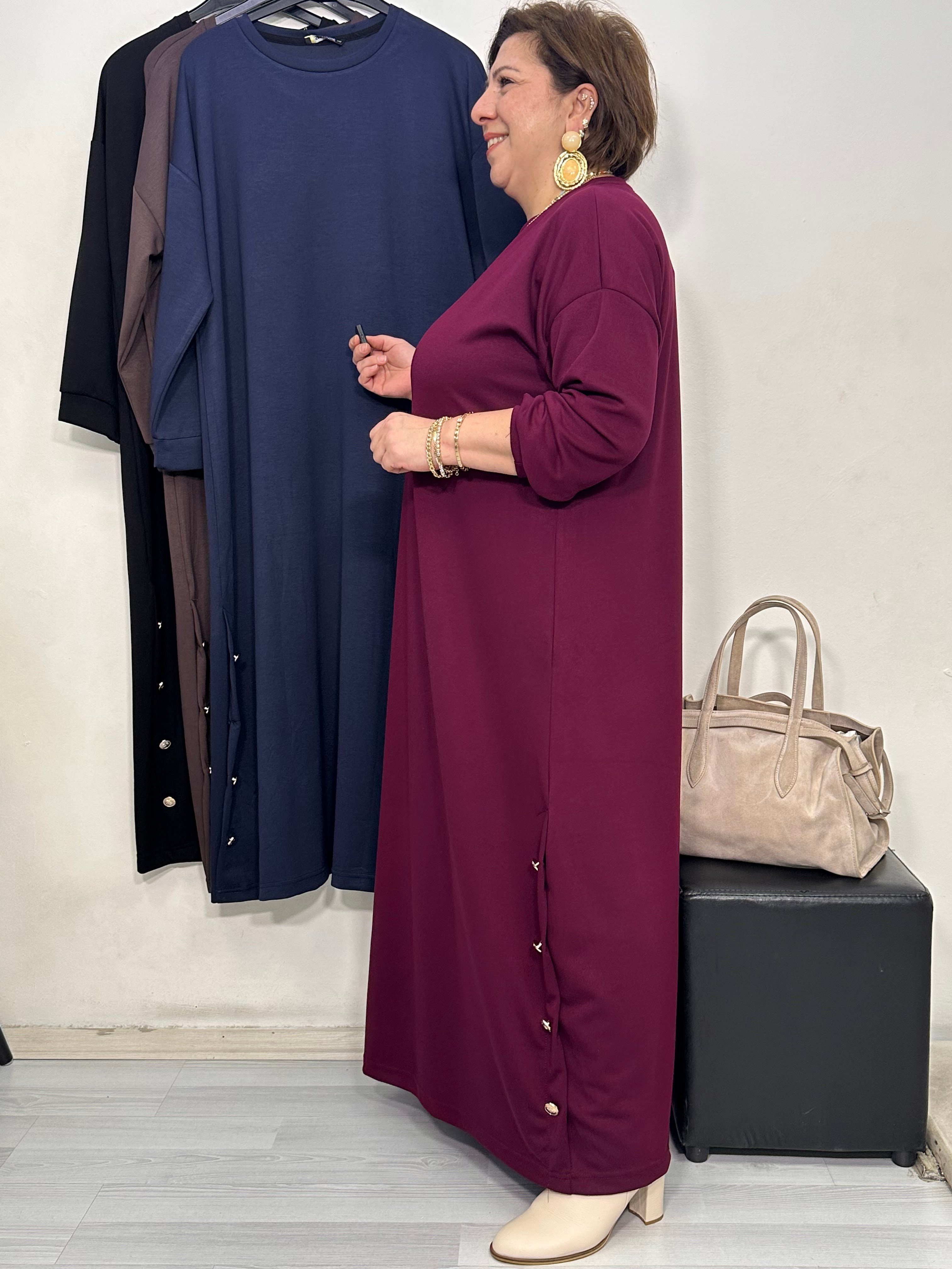 Mocca Düğme Detaylı Elbise Bordo