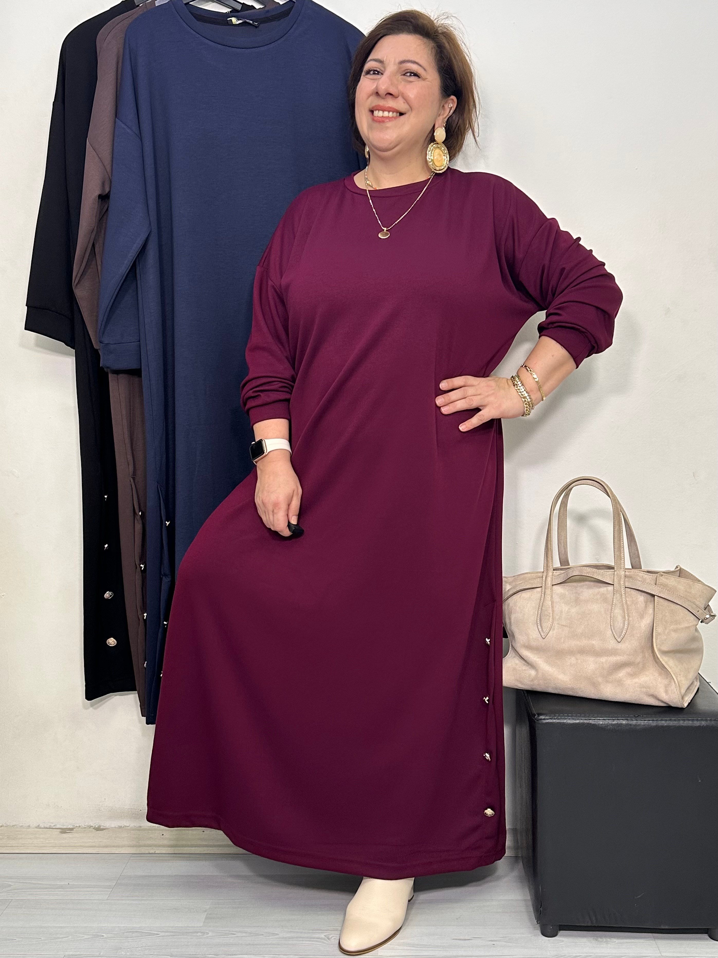 Mocca Düğme Detaylı Elbise Bordo