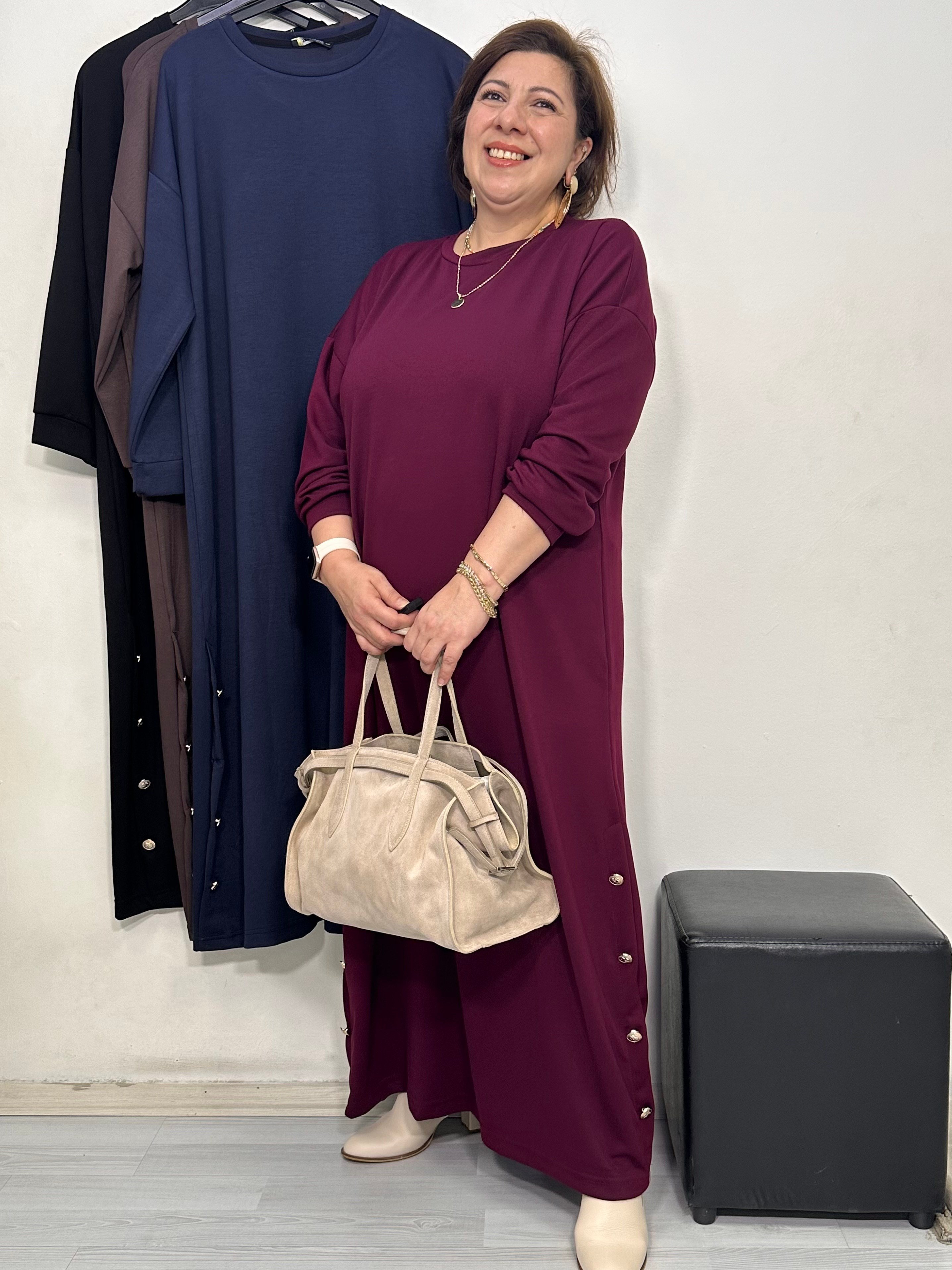 Mocca Düğme Detaylı Elbise Bordo