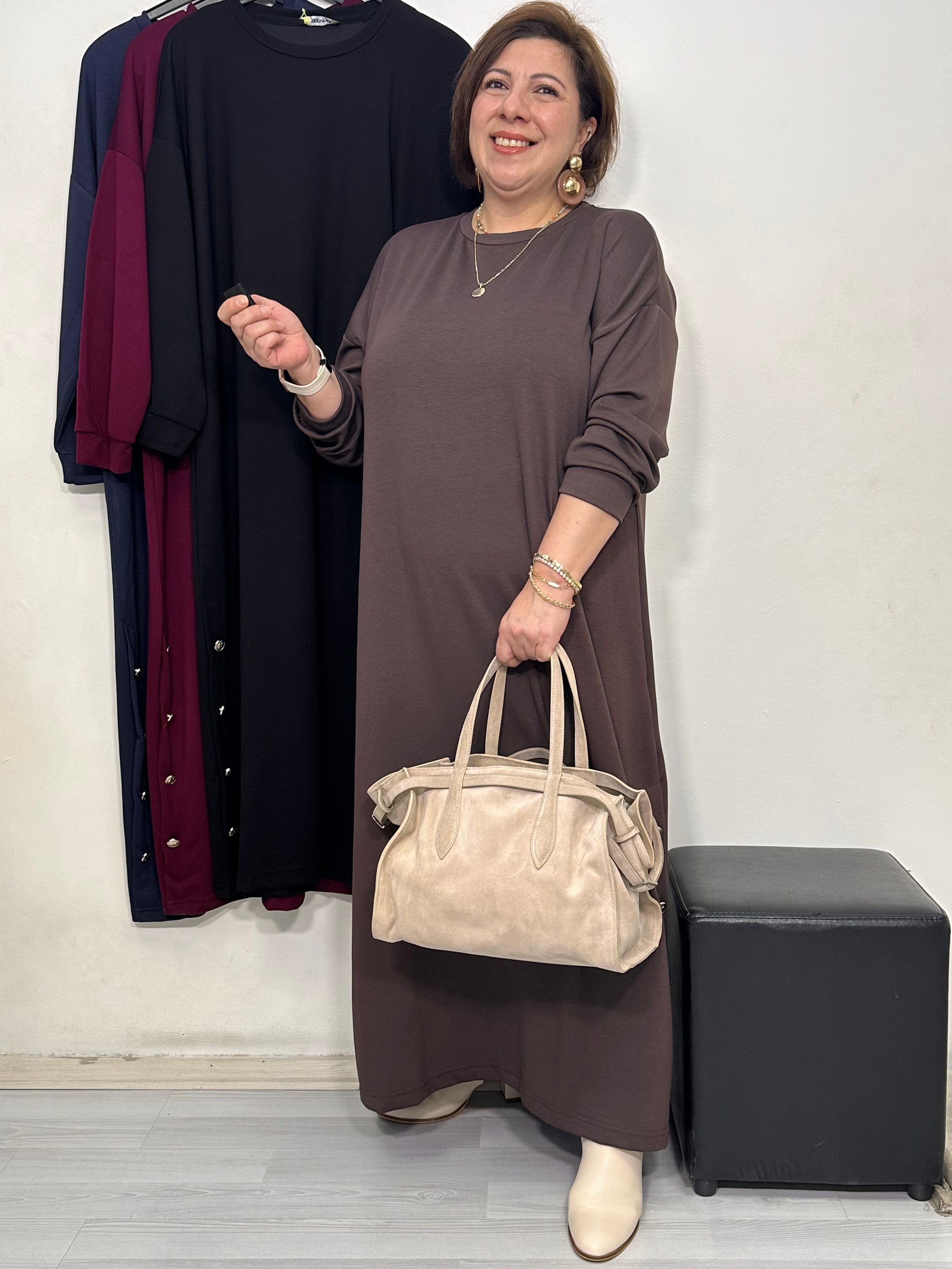 Mocca Düğme Detaylı Elbise Kahverengi