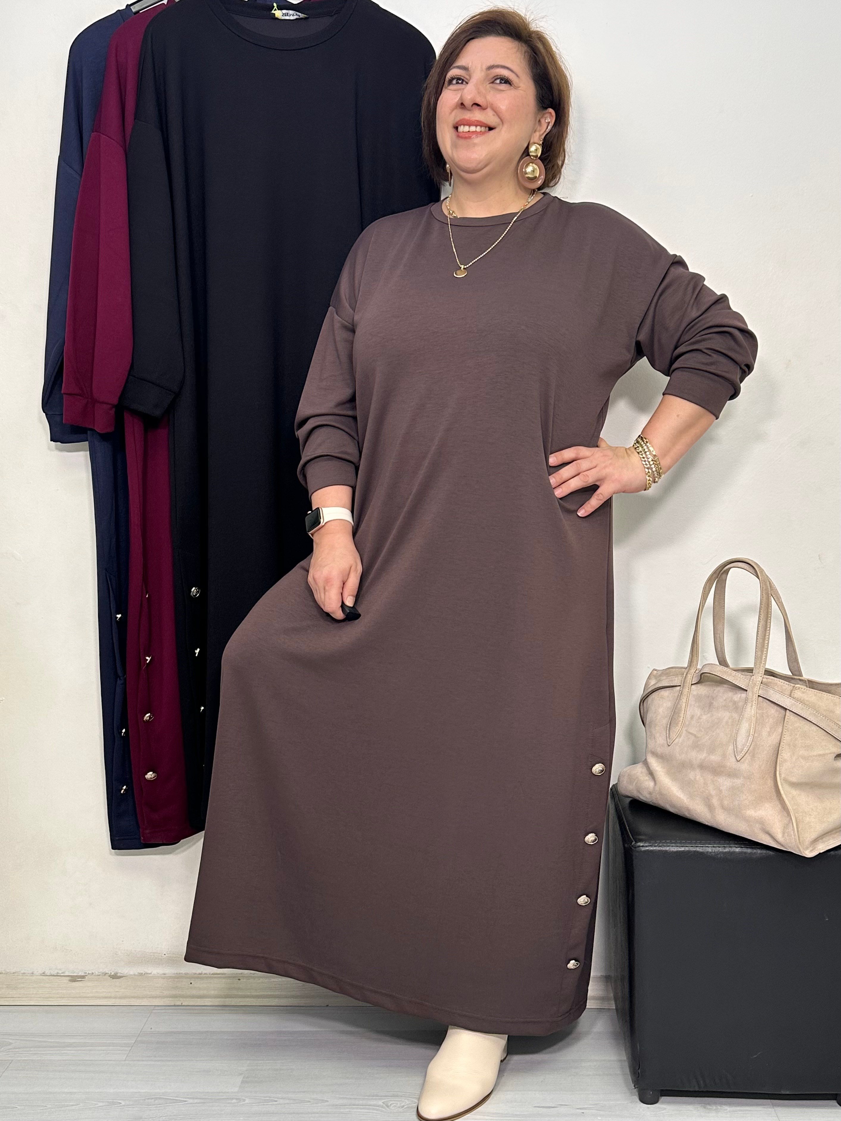 Mocca Düğme Detaylı Elbise Kahverengi