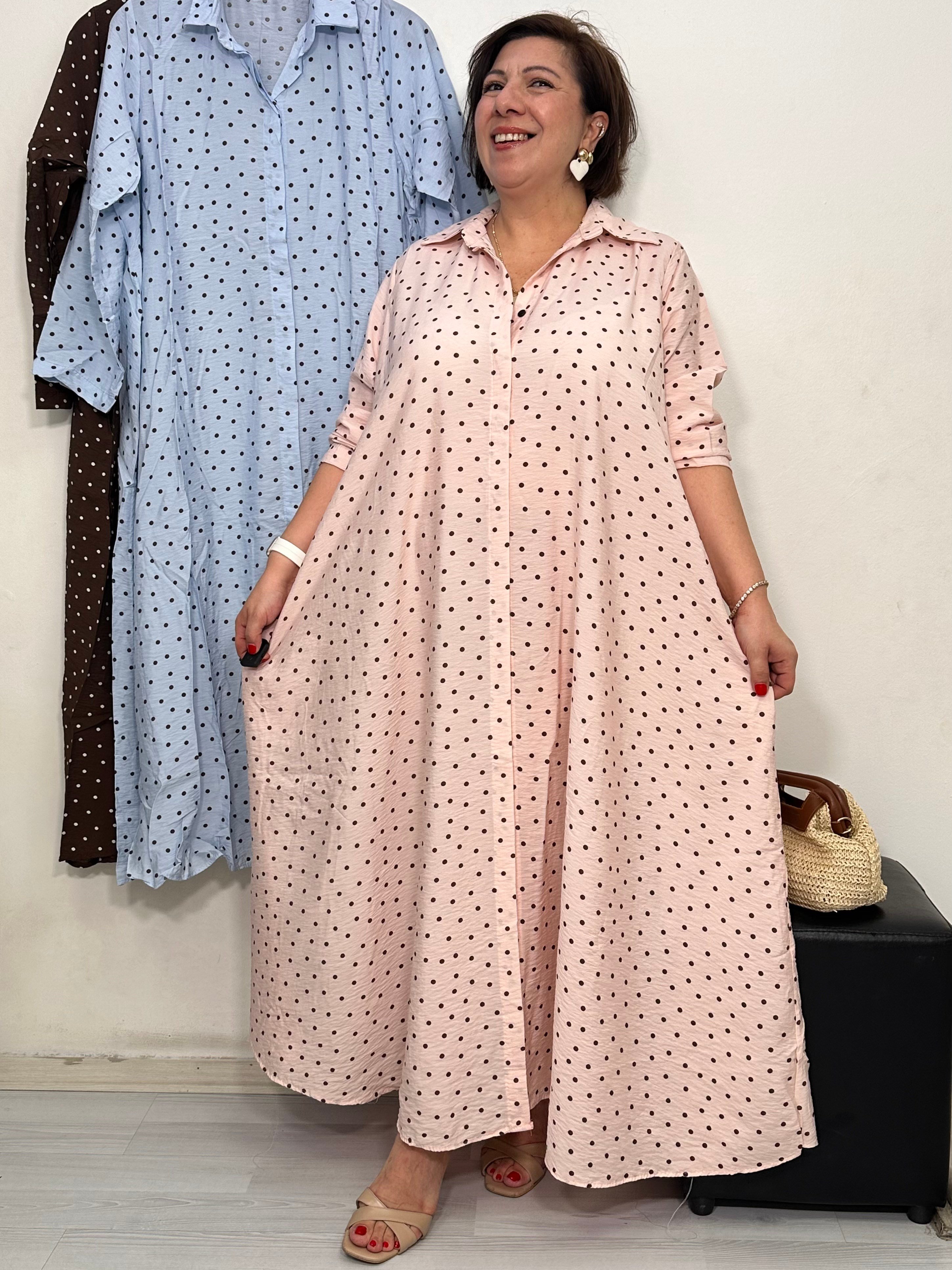 Polka Puantiye Gömlek Elbise Pembe
