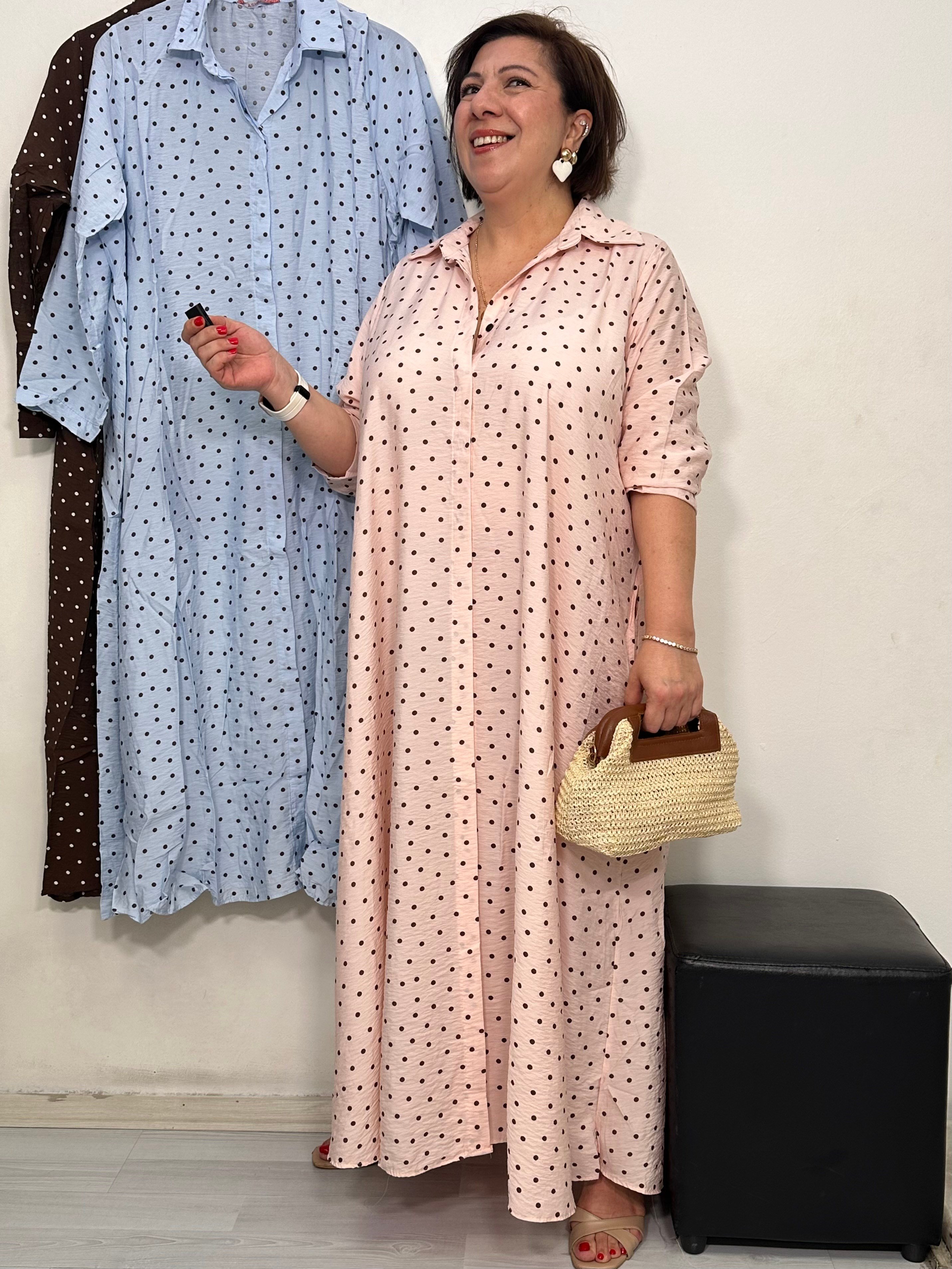 Polka Puantiye Gömlek Elbise Pembe