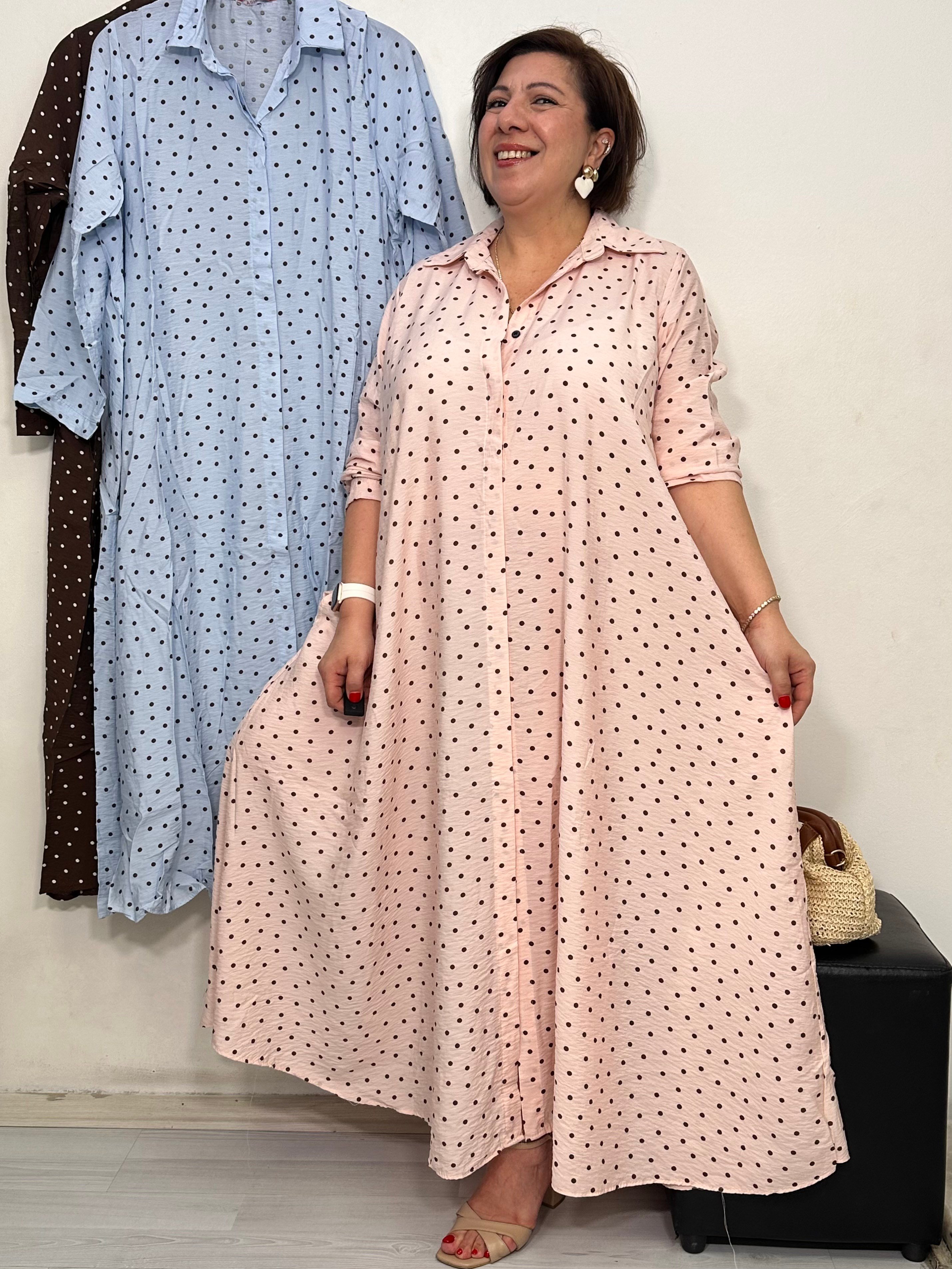 Polka Puantiye Gömlek Elbise Pembe