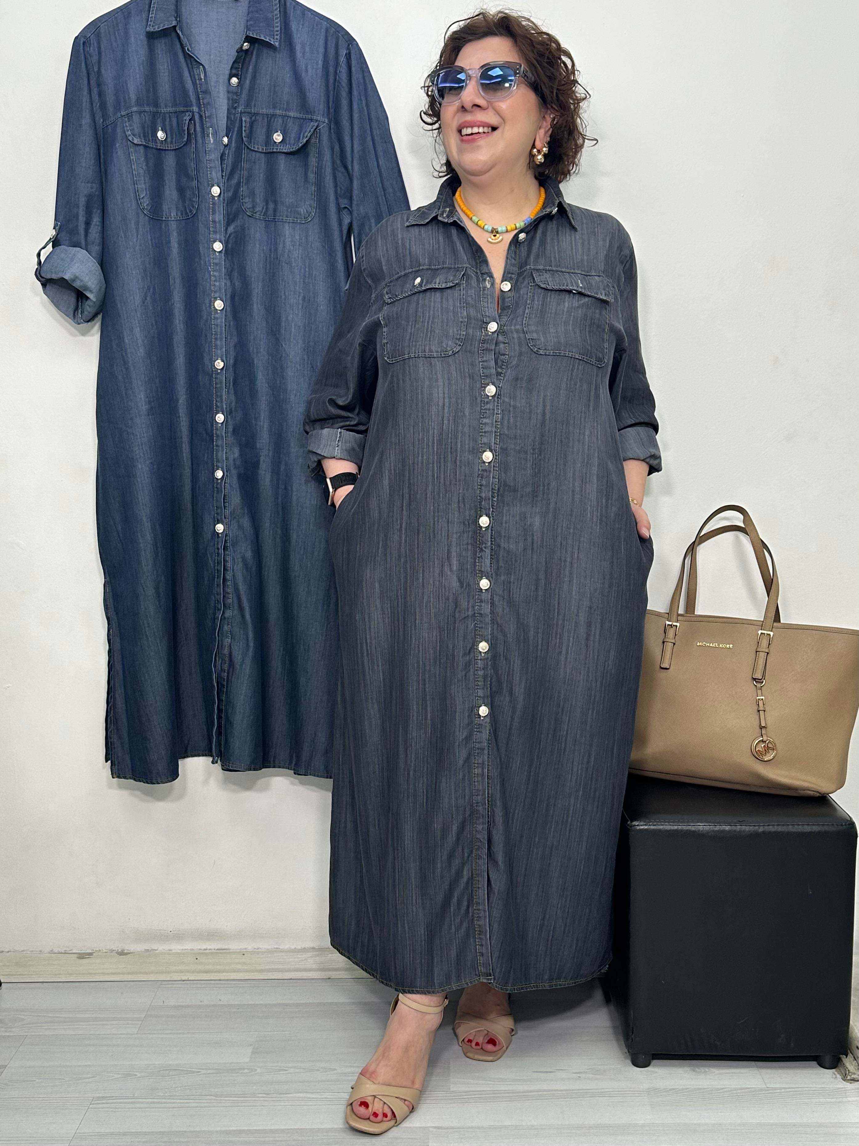 Rocco Tencel Denim Gömlek Elbise Antrasit